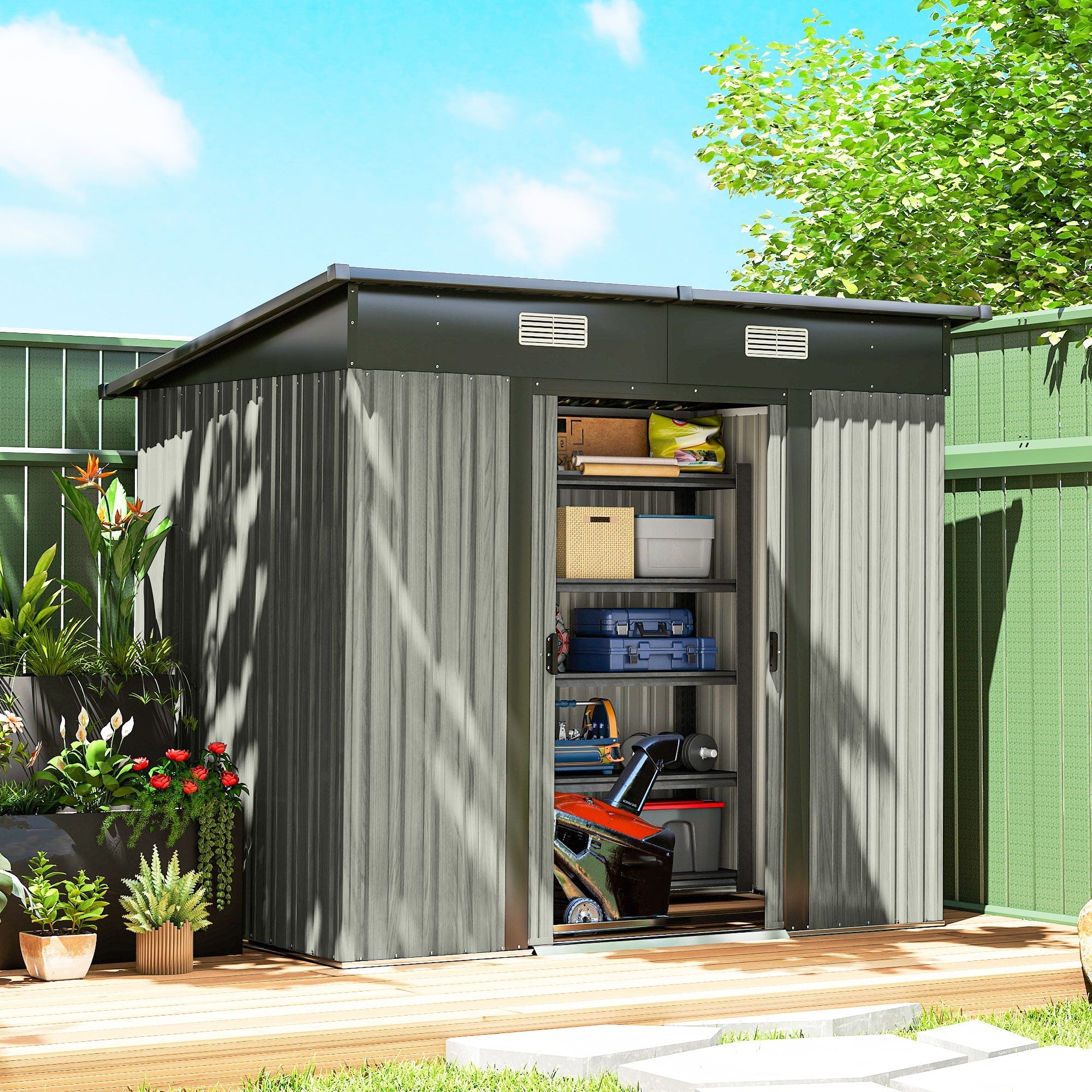 Outsunny 7 x 4ft Outdoor Storage Shed with Foundation Kit, Lean to Metal Garden Shed for Log, Rubbish Bin, Tool, Bike, Light Grey