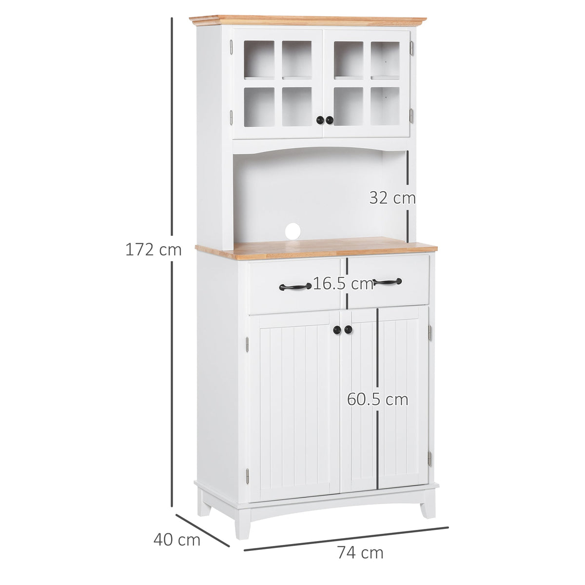 HOMCOM Freestanding Kitchen Cupboard, Kitchen Storage Cabinet with Framed Glass Doors, 2 Drawers, Microwave Counter, 172cm, White