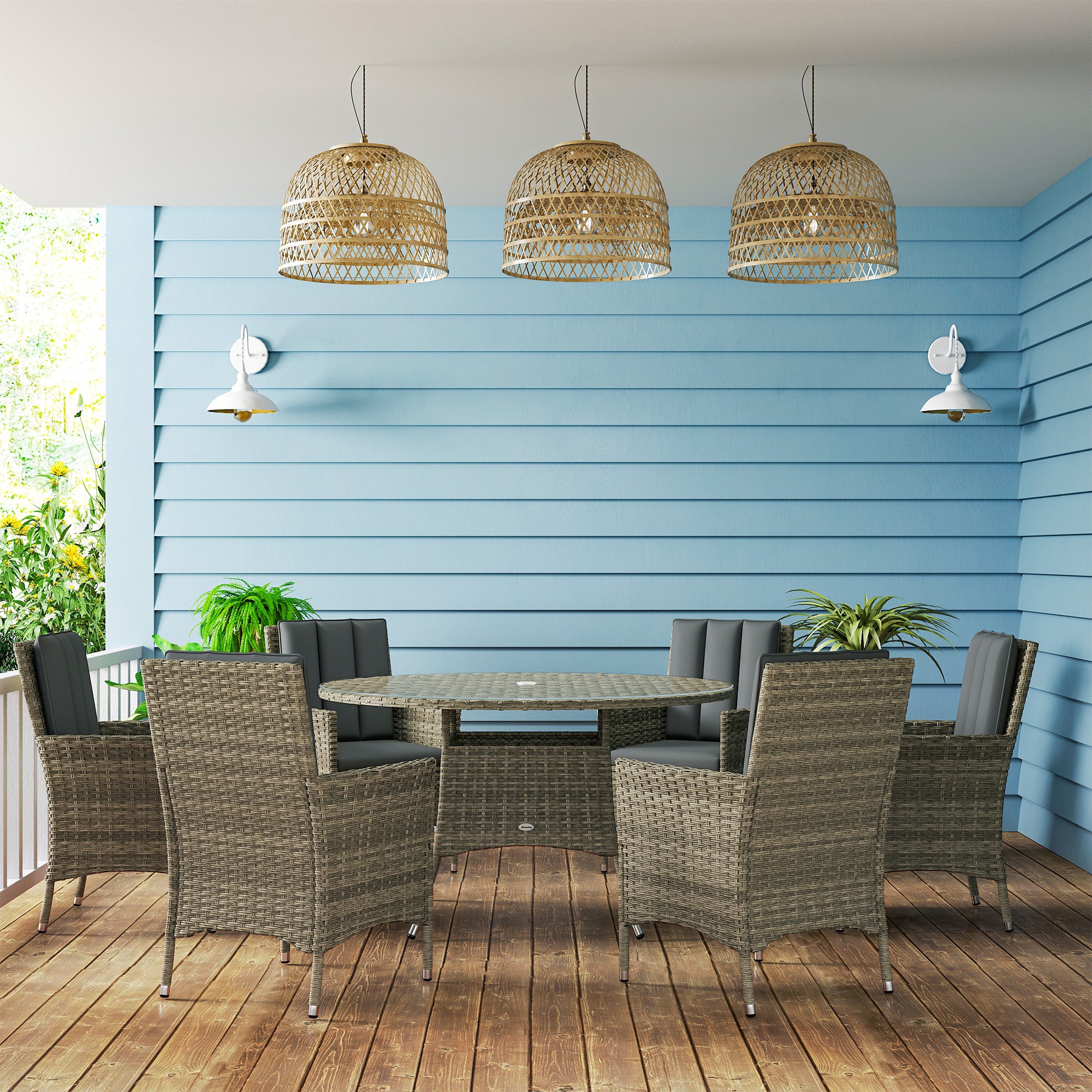 Outsunny Seven-Piece Rattan Dining Table, with Round Glass-Top Table - Light Grey