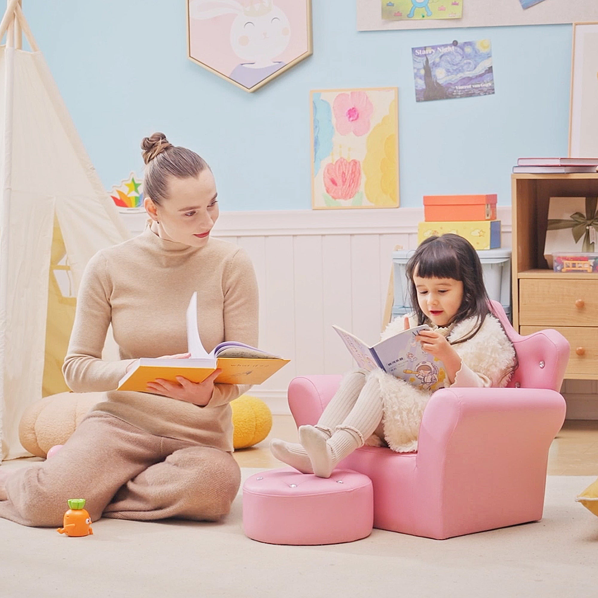 HOMCOM Children Kids Sofa Set Armchair Chair Seat with Free Footstool PU Leather for Girls 58L x 40.5W x 49H cm Pink