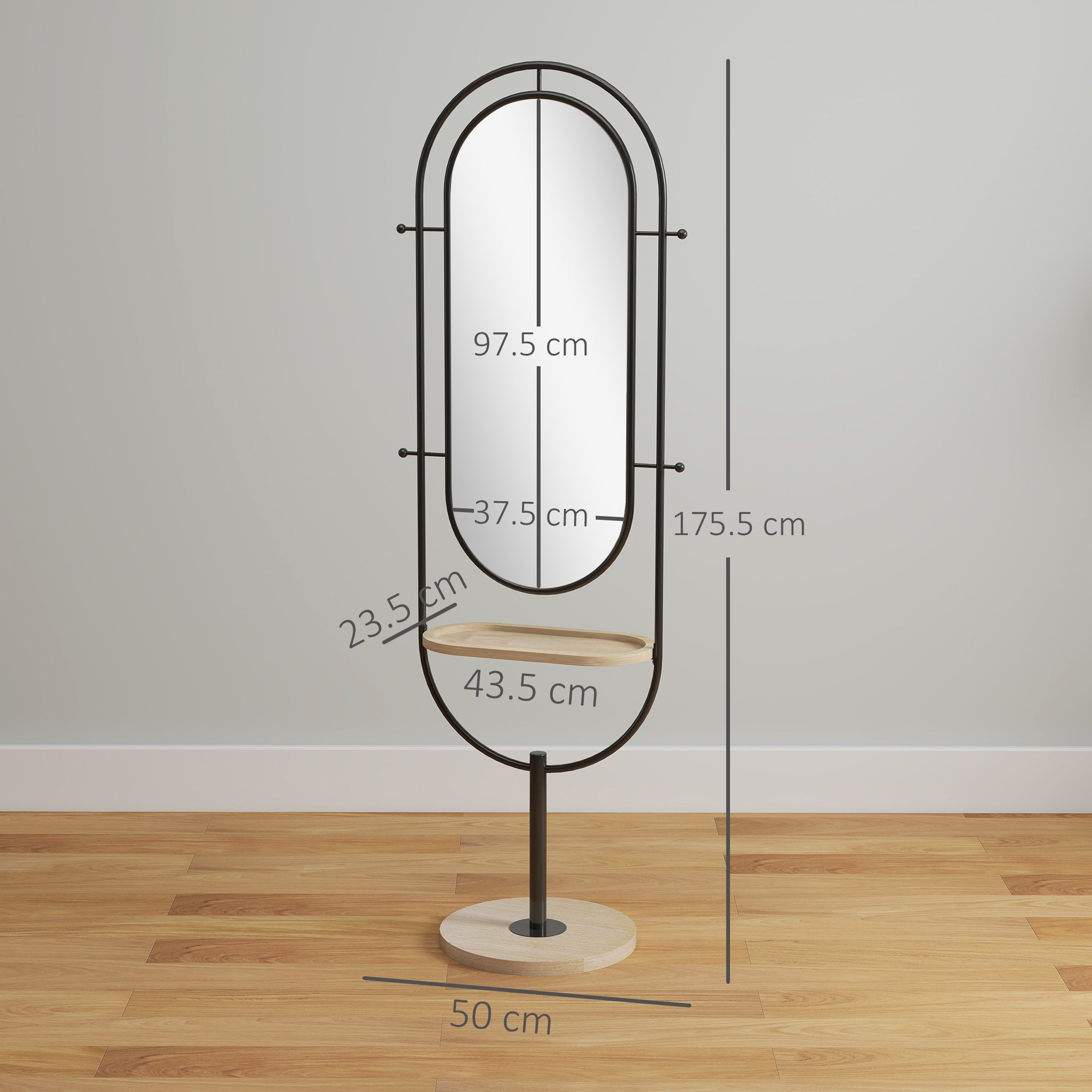 HOMCOM Oval Full Length Mirror with Wooden Tray and 4 Hooks - Black