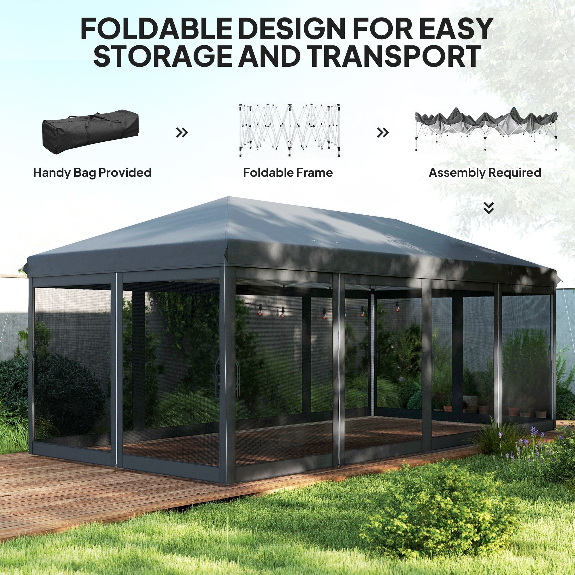 Outsunny 3 x 6m Pop Up Gazebo, Outdoor Canopy Shelter, Marquee Party Wedding Tent with 6 Mesh Walls and Carry Bag, Black