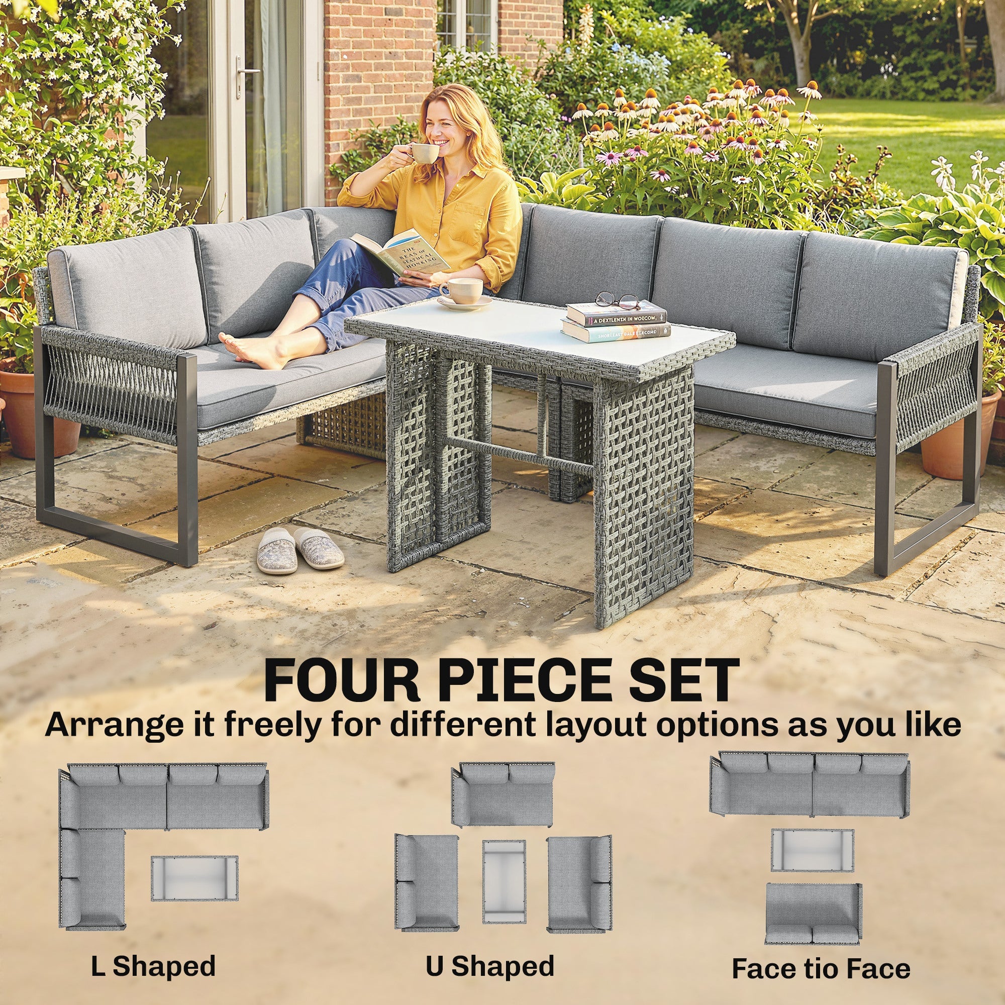 Outsunny 6 Seater Rattan Garden Furniture Set with 3 Loveseats, Table, Patio Rattan Furniture Corner Sofa Set, Grey