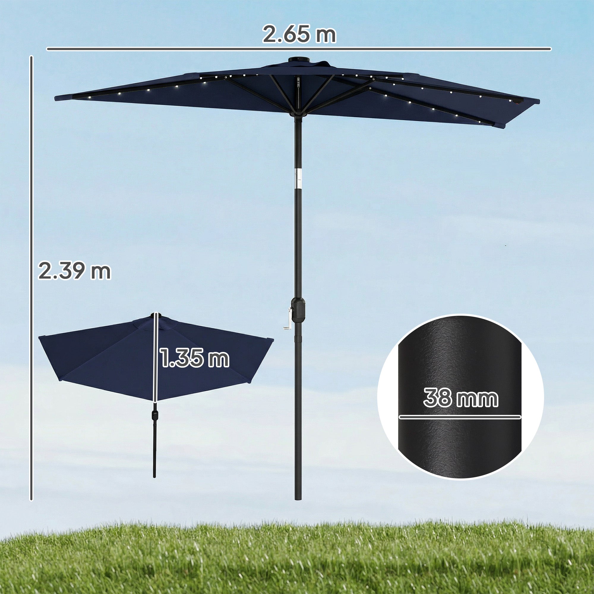 Outsunny 2.6 m Half Garden Parasol with Solar LED Lights, UPF50+ Semi Round Umbrella with 30Â° Tilt, Crank Handle, Dark Blue