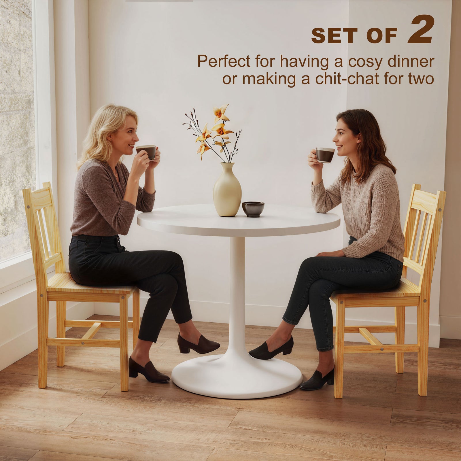 HOMCOM Dining Chairs Set of 2, Kitchen Chair with Slat Back, Pine Wood Structure for Living Room and Dining Room, Natural