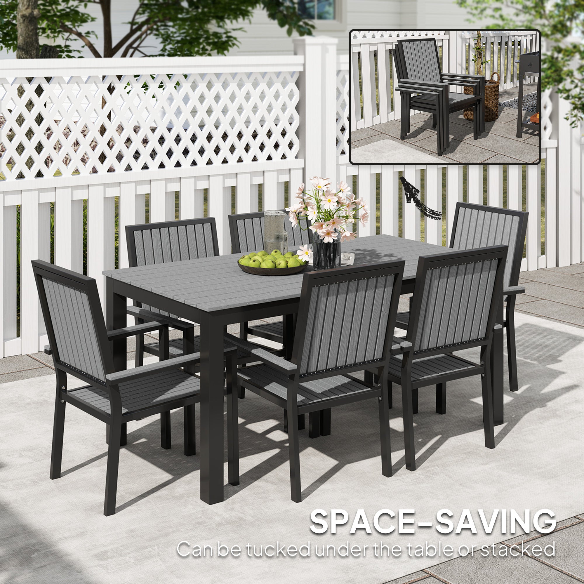Outsunny 6 Seater Garden Dining Set with Stackable Chairs, Aluminium Frame, Rectangular Plastic Top, Garden Furniture Set, Outdoor Dining Table and Chairs for Patio, Balcony, Poolside, Grey
