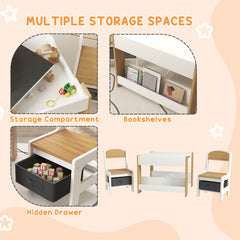 HOMCOM Three-Piece Kids Table and Chair Set with Blackboard, Storage, Bookshelves - Natural Wood