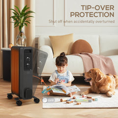 HOMCOM 1500W Oil Filled Radiator, Portable Electric Heater with 3 Heat Settings, Safety Cut-Off and Wheels, Grey