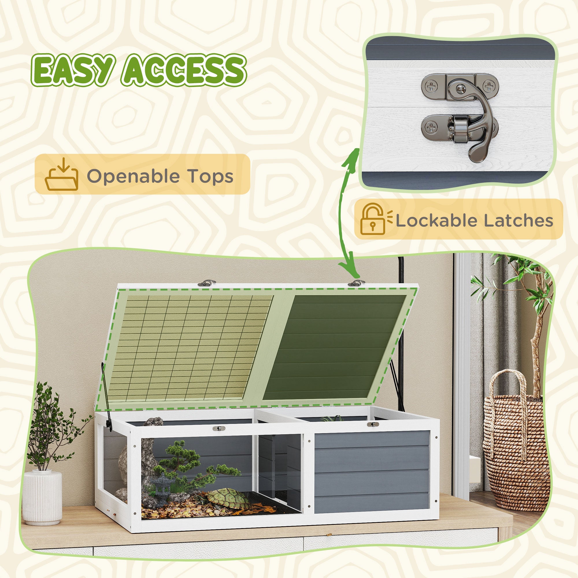 PawHut Tortoise Table with Adjustable Lamp Holder, Wooden Tortoise House w/ Openable Lids, Pull-Out Trays - Grey