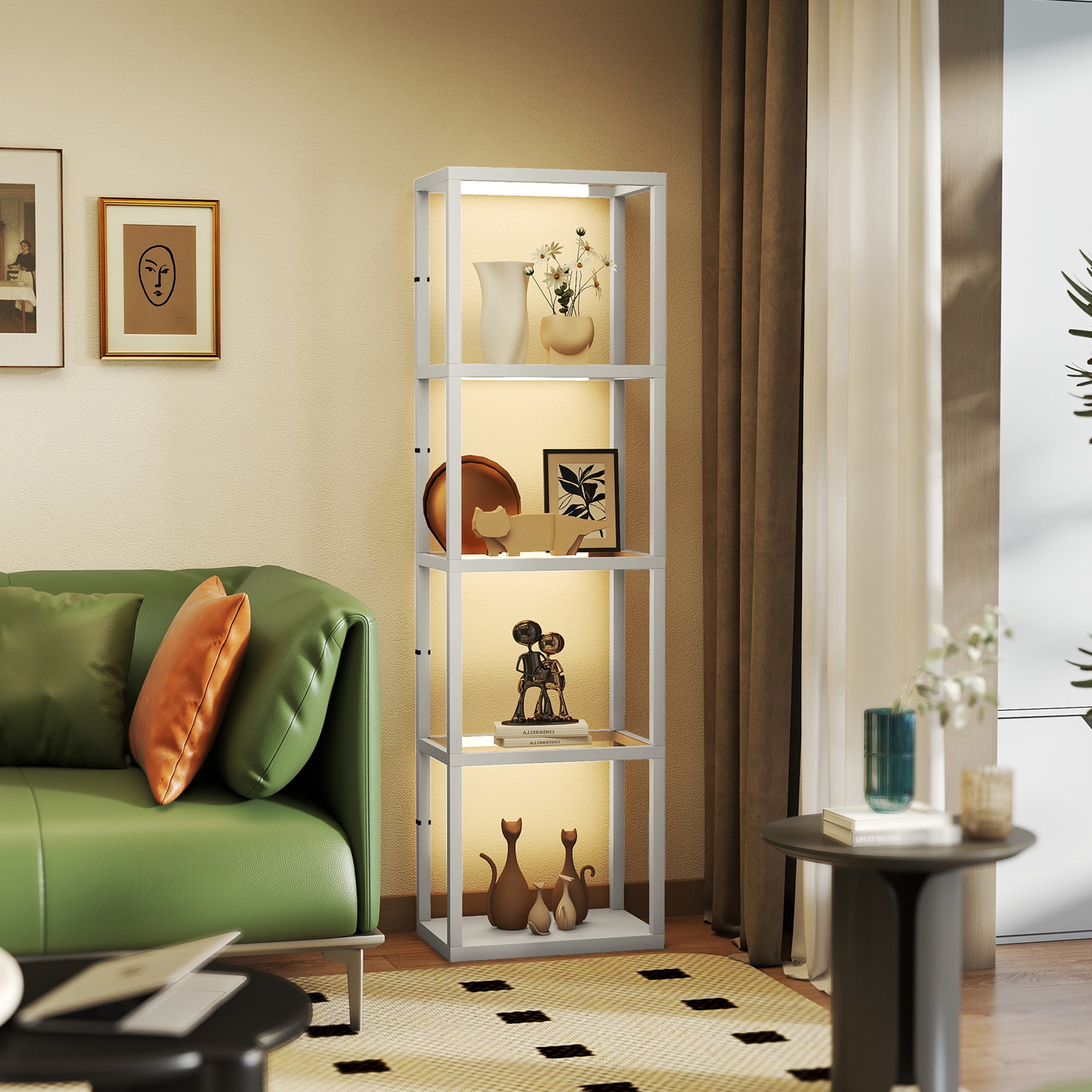 HOMCOM LED Floor Lamp with Glass Shelves, 4 Layers Dimmable Tall Standing Lamp, Modern Column Shelf Floor Light for Living Room, Bedroom, Office, Grey