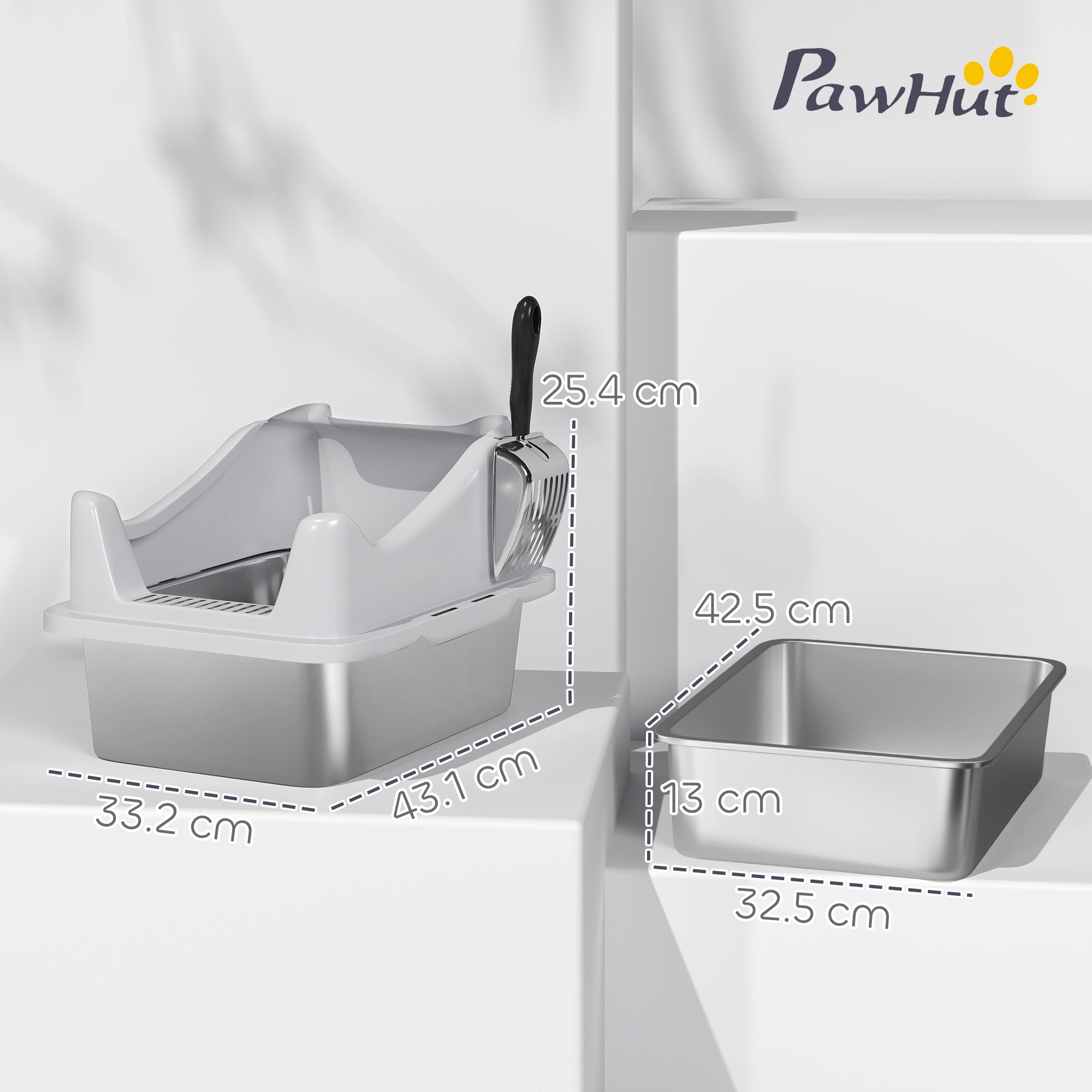 PawHut Stainless Steel Cat Litter Box with High Sides, Metal Scoop, 43 x 33 x 25 cm