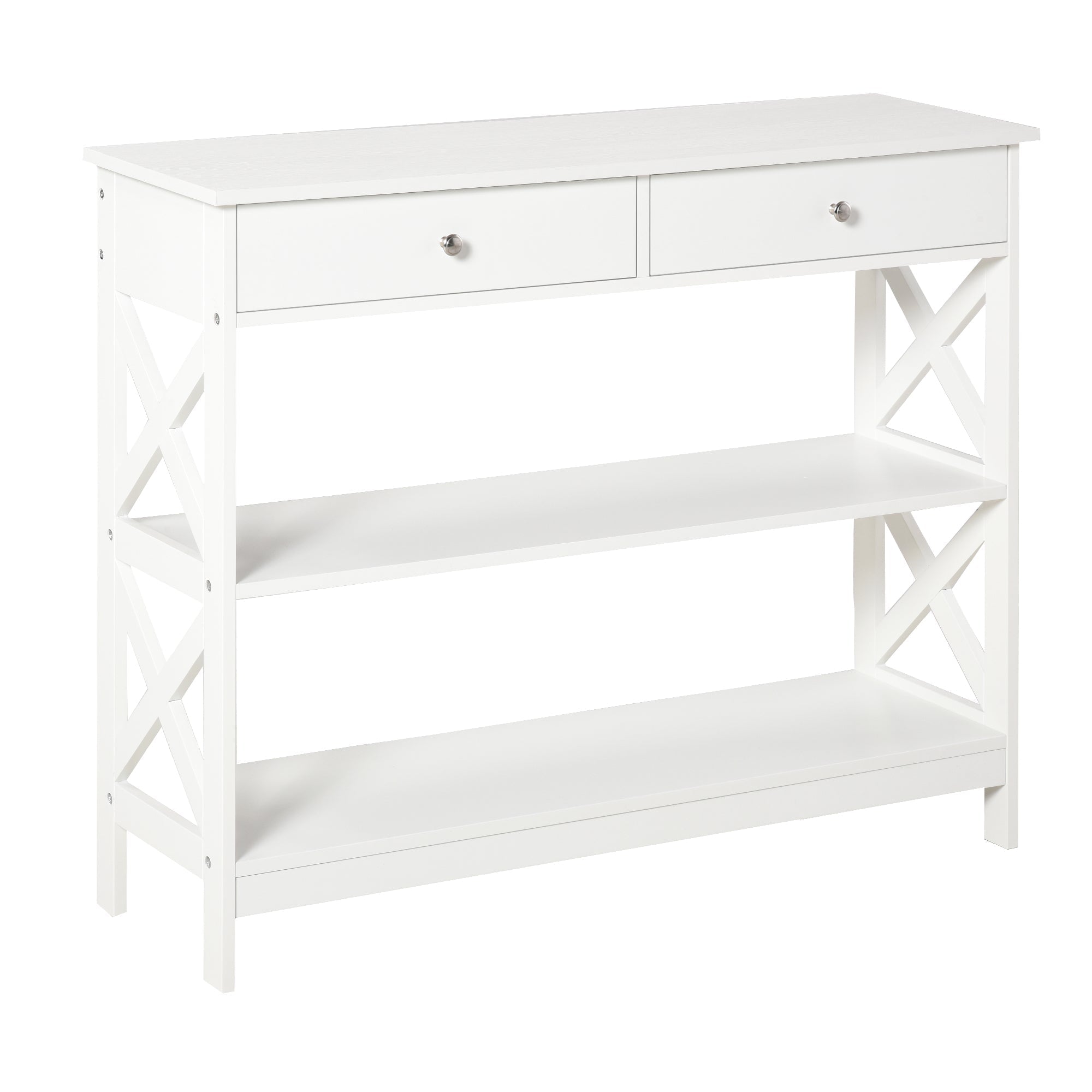 HOMCOM Console Table Side Desk w/ Shelves Drawers Open Top X Support Frame Living Room Hallway Home Office Furniture White