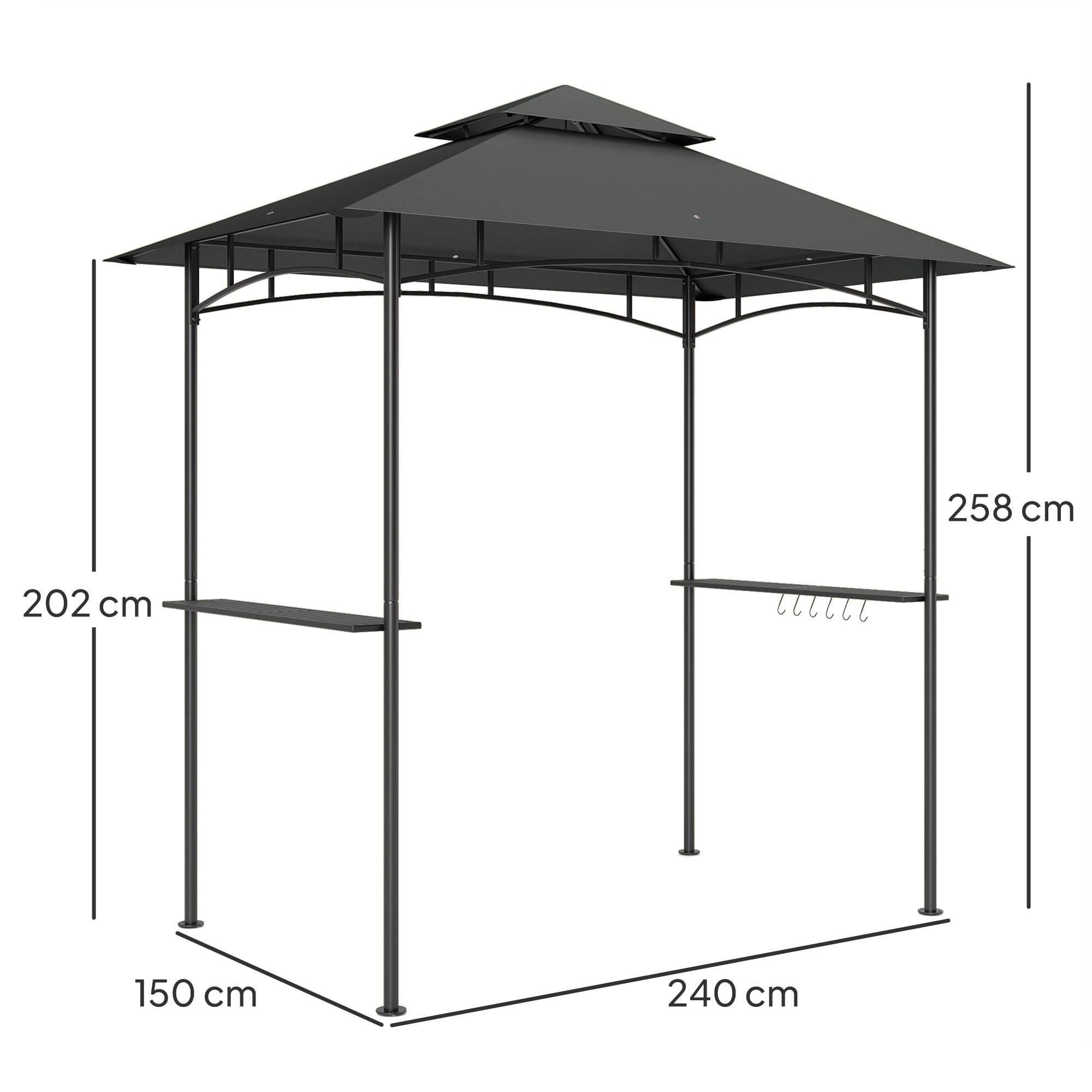 Outsunny 8' x 5' Grill Gazebo, Double Tiered BBQ Gazebo Shelter Canopy with LED Lights, 2 Side Shelves, Hooks, Dark Grey