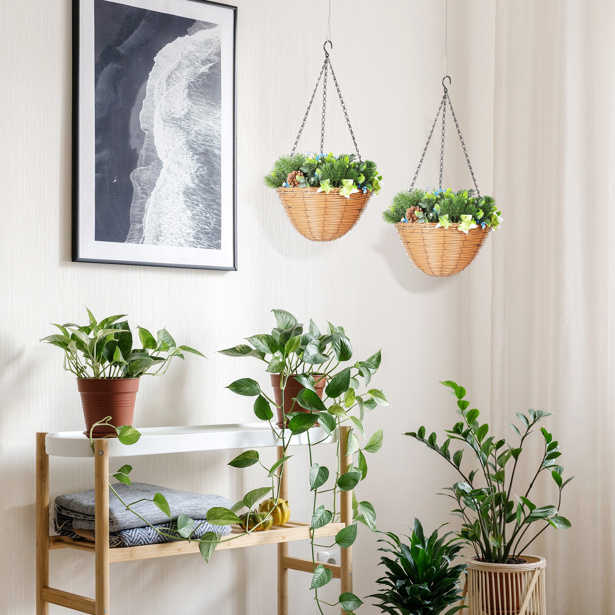 HOMCOM Artificial Flowers in Basket Set of 2, Artificial Hanging Baskets with PE Leaves, 18 Flowers and 3 Pinecones in Pot, Decorative Faux Plant for Home Office Decor, Green