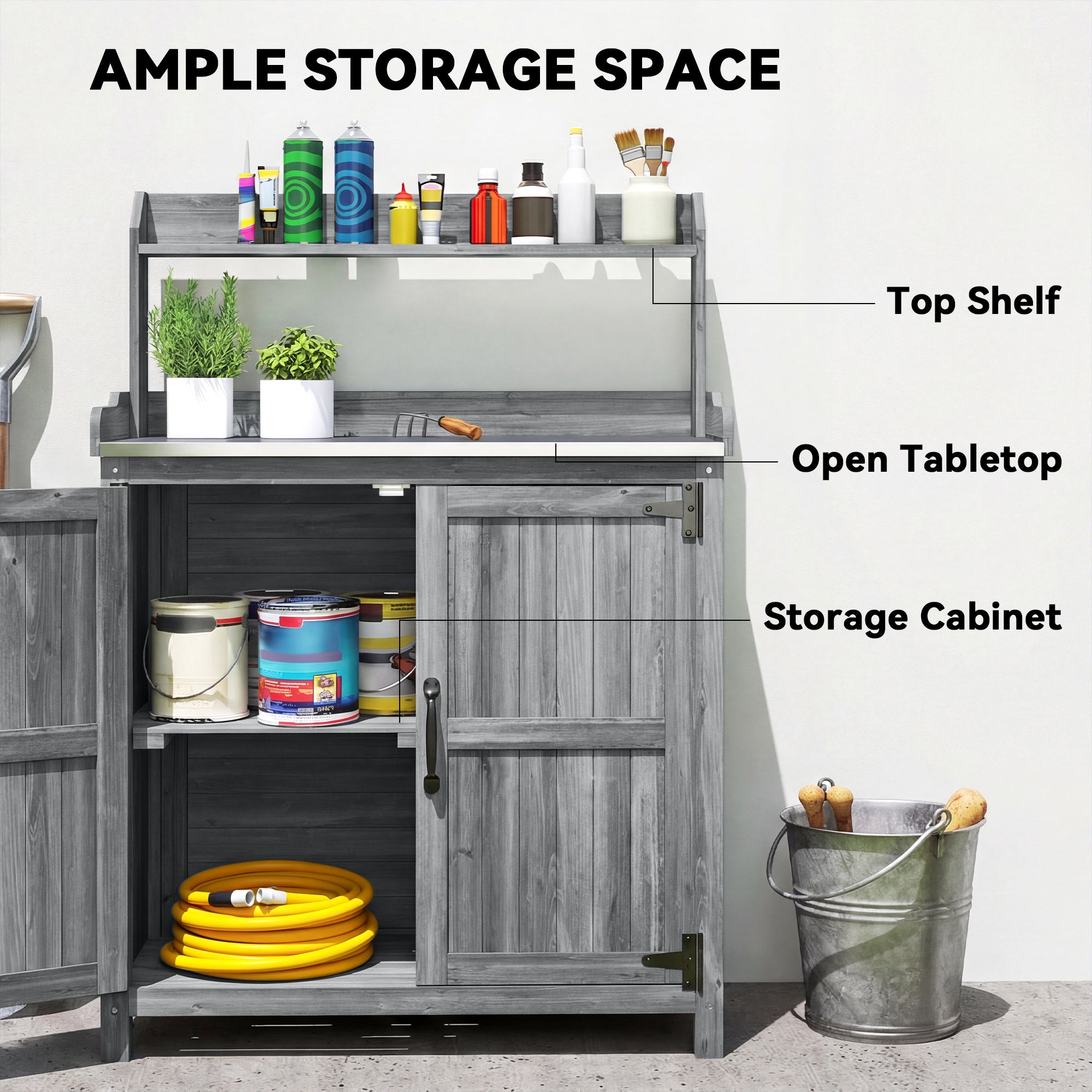 Outsunny Wooden Potting Bench Table with Aluminium Worktop, Outdoor Garden Workbench with Top Shelf and Cabinet Storage