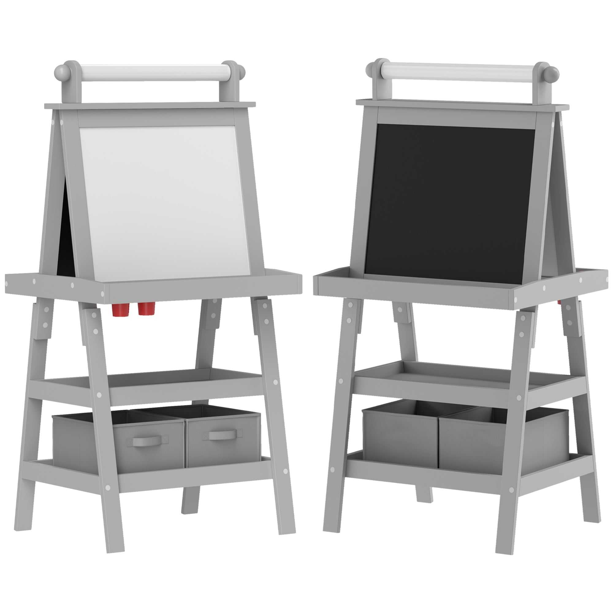 AIYAPLAY 3 in 1 Kids Easel Double-Sided Magnetic Whiteboard and Chalkboard with Paper Roll, Storage Baskets - Grey
