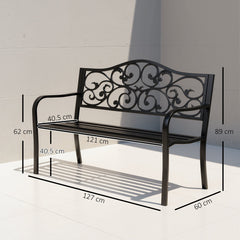 Outsunny Metal Garden Bench with Floral Backrest and Armrests - Black