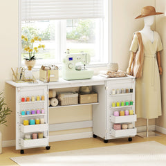 HOMCOM Folding Sewing Table with 2 Magnetic Doors, Storage Shelf, Lockable Wheels, Space Saving, White
