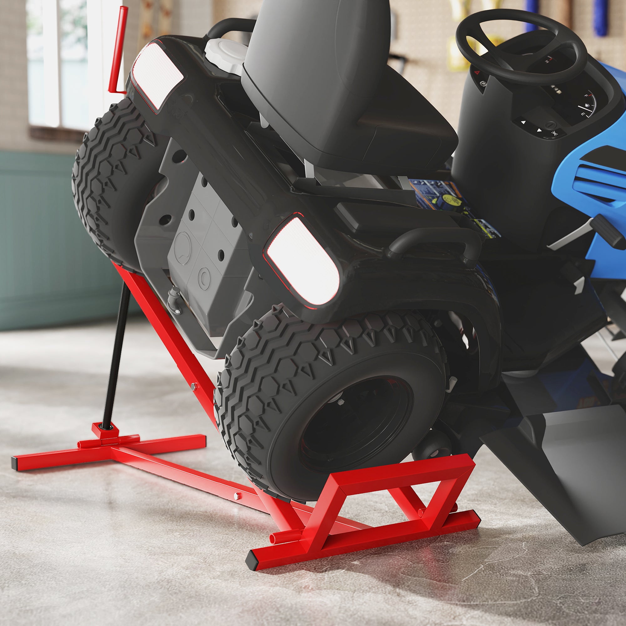 HOMCOM 400 kg Foldable Ride-On Mower Jack Lift, Adjustable Steel Lifting Device, for Lawn Mower, ATV, Red