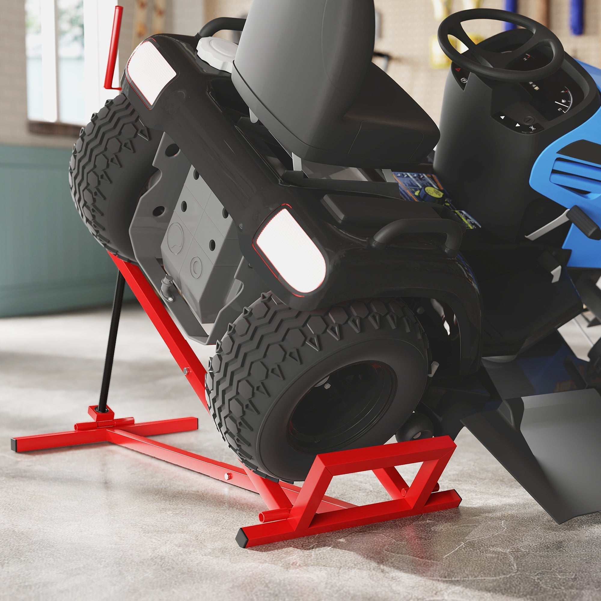 HOMCOM 400 kg Foldable Ride-On Mower Jack Lift, Adjustable Steel Lifting Device, for Lawn Mower, ATV, Red