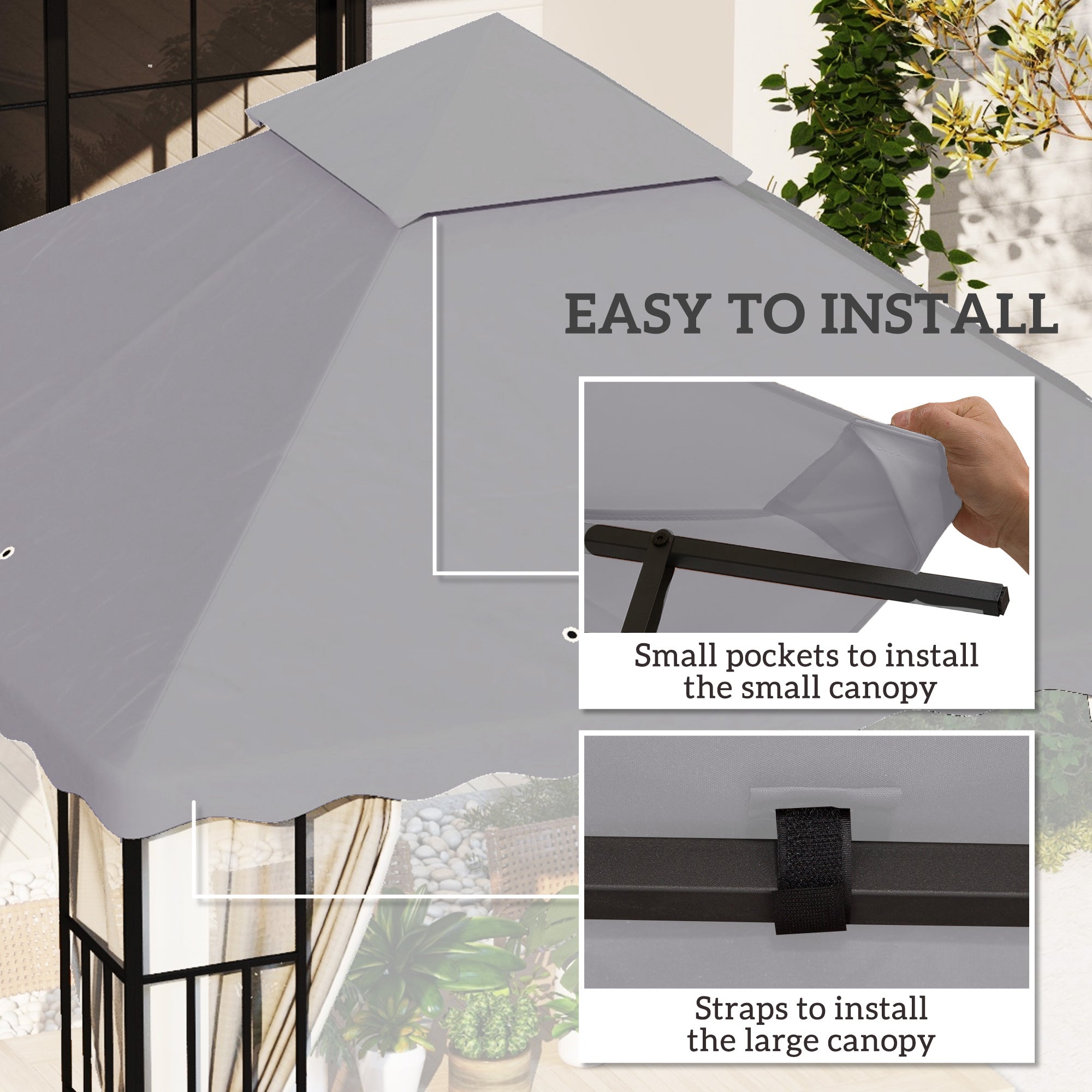 Outsunny 3 x 3 m Gazebo Canopy Replacement Covers, 2 - Tier Gazebo Roof Replacement TOP COVER ONLY, Light Grey