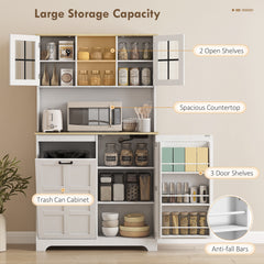 HOMCOM 175cm Tall Kitchen Cabinet, Kitchen Cupboard with Rubbish Bin Cabinet, 3 Door Shelves and 2 Acrylic Doors, White