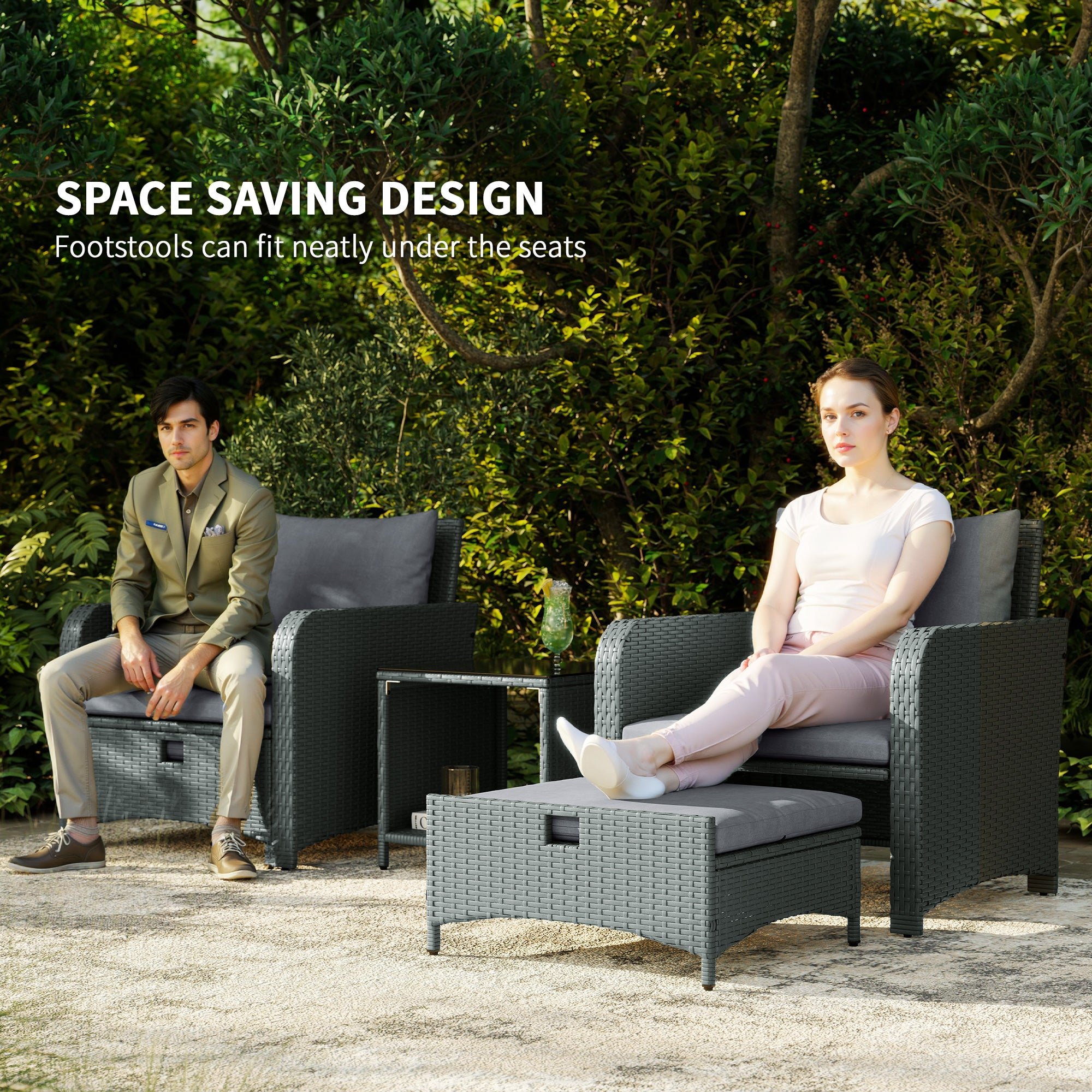 Outsunny Five Piece Rattan Garden Furniture Set with 2-Tier Coffee Table and Ottomans - Grey