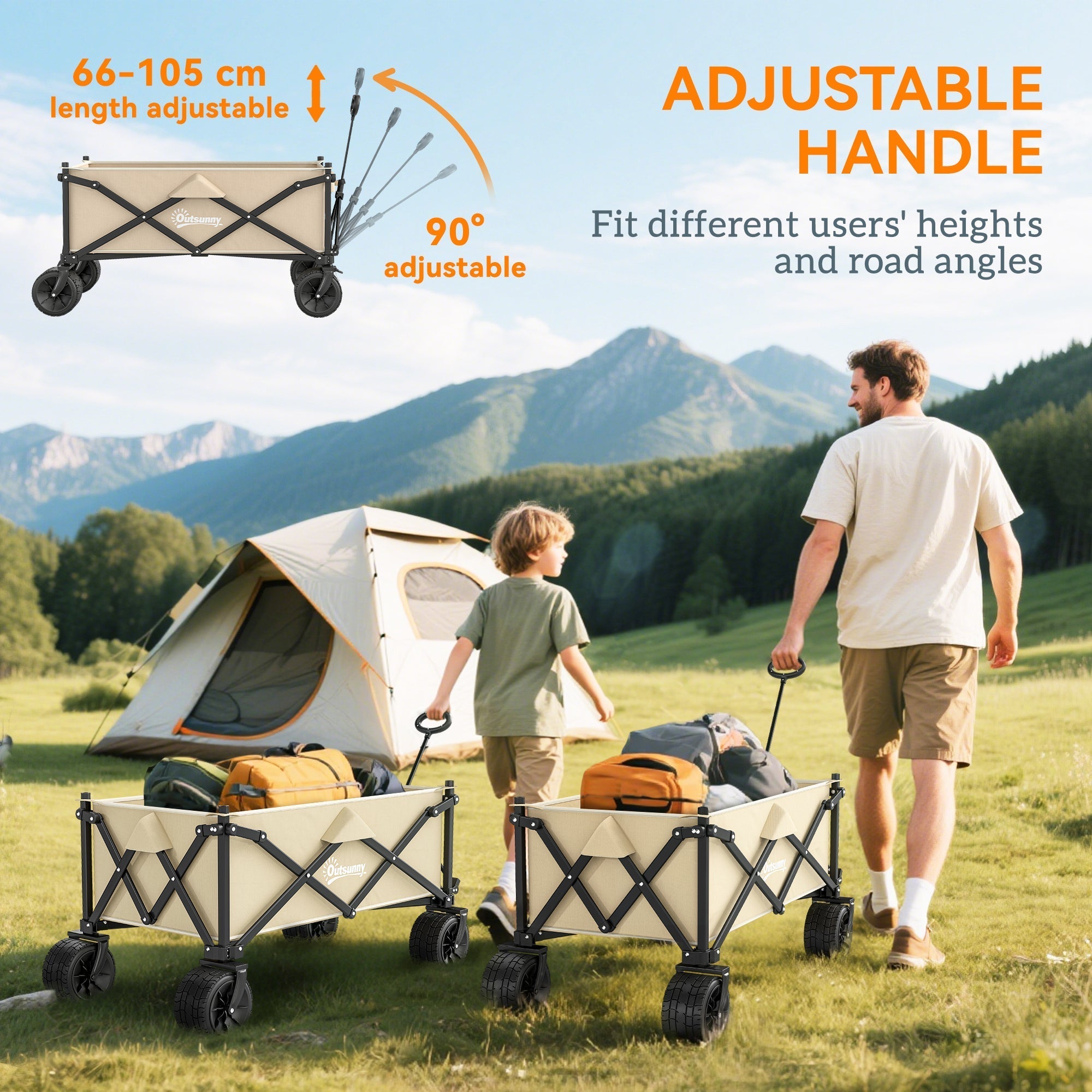 Outsunny Folding Garden Trolley, Outdoor Wagon Cart with Carry Bag, for Beach, Camping, Festival, 120KG Capacity, Khaki