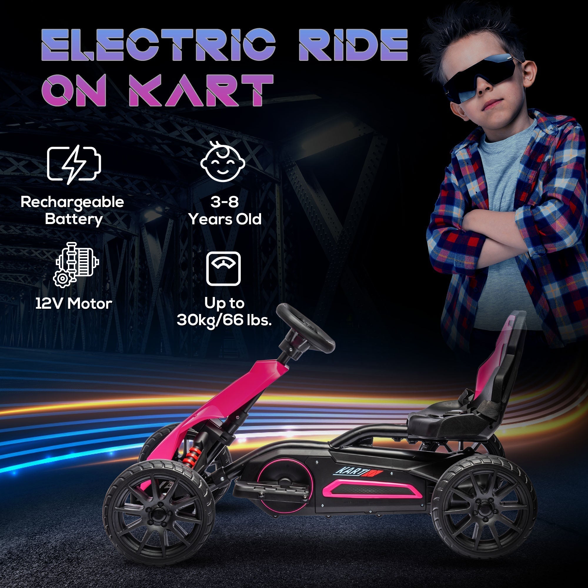 HOMCOM 12V Electric Go-Kart for Kids, Ride-On Racing Go-Kart, with Forward and Reversing Functions, for Ages 3-8 Years - Pink