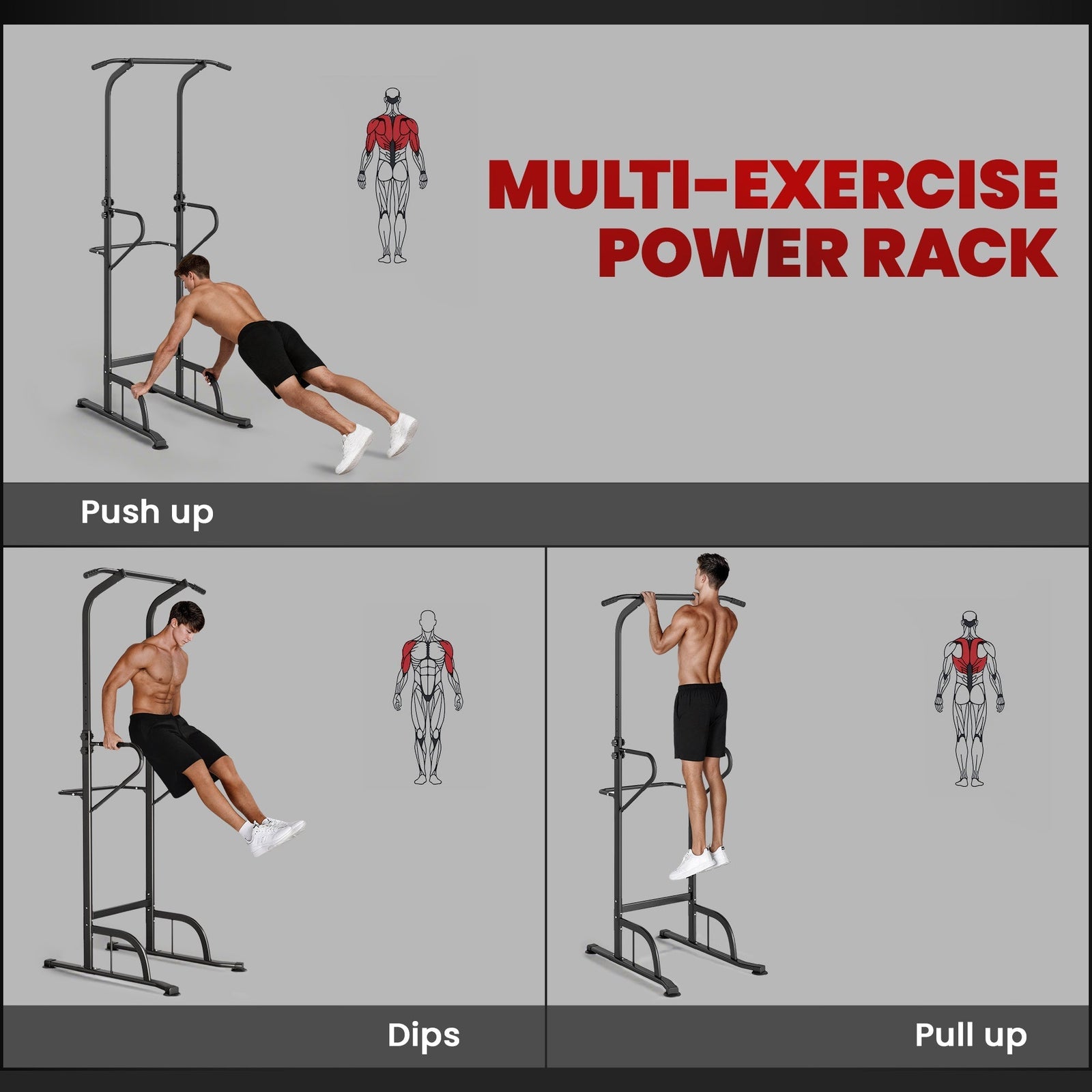 HOMCOM Power Tower Dip Station Pull Up Bar Multi-Function Push Up Equipment with Adjustable Height for Home Gym Strength Training Workout Fitness