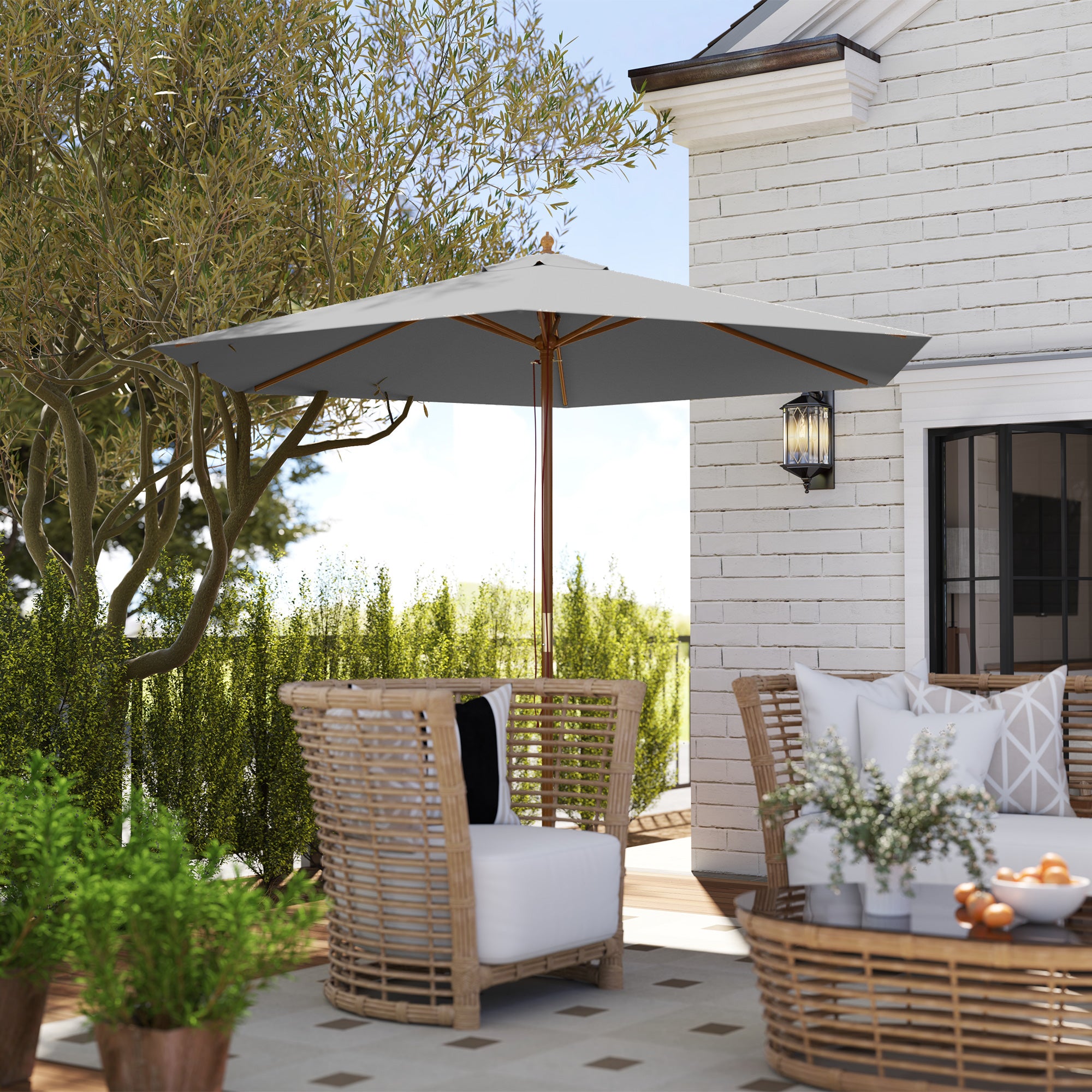 Outsunny 2.5m Wood Garden Parasol Sun Shade Patio Outdoor Wooden Umbrella Canopy, Table Market Umbrella with Vent, 38mm Pole, Rope Pulley Mechanism, Light Grey