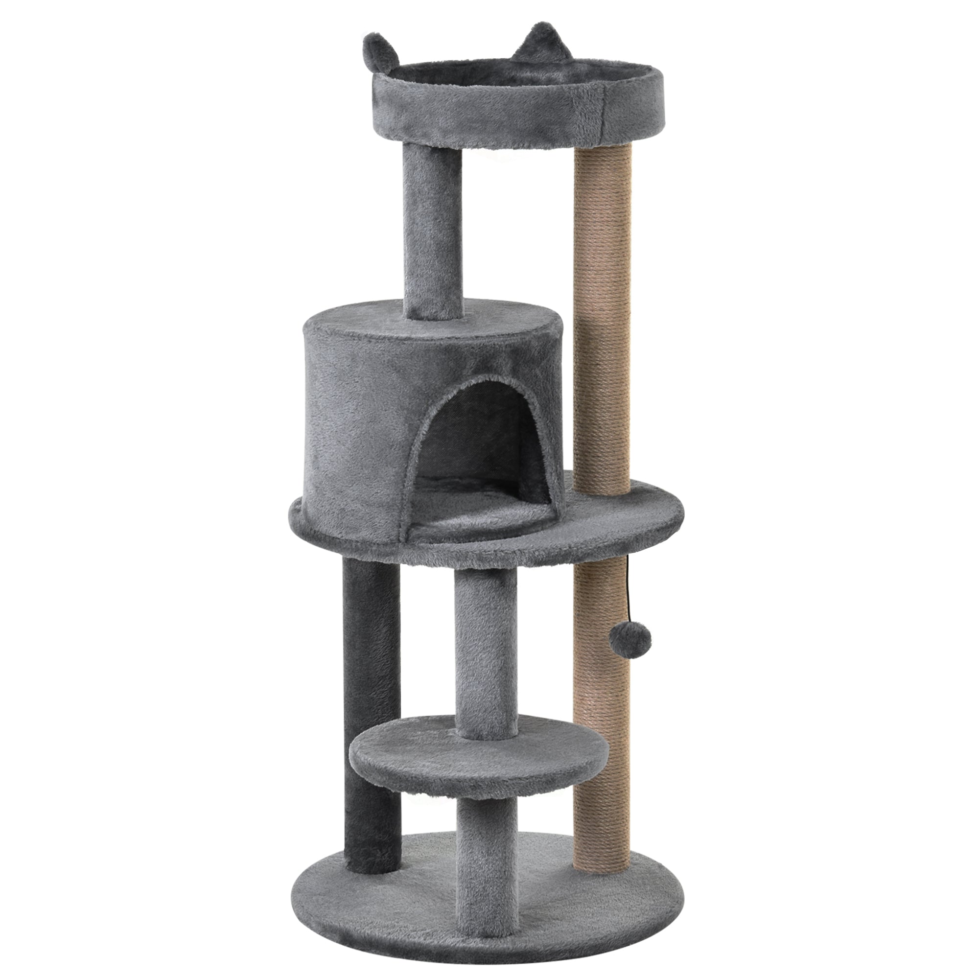 PawHut 104 cm Cat Tree, Cat Condo Tree Tower, Cat Activity Centre with Scratching Posts, Plush Perch, Hanging Ball - Grey