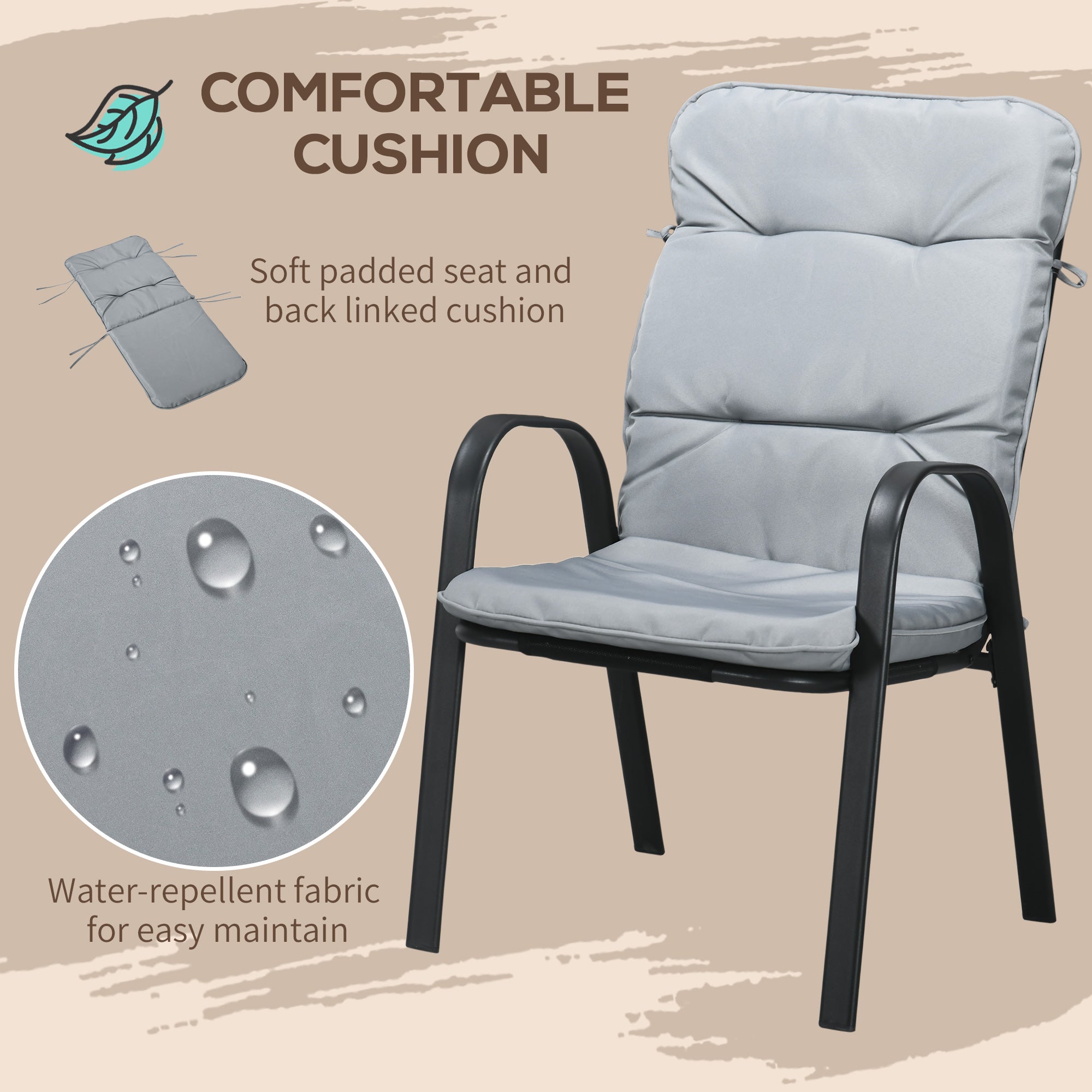 Outsunny 5 Pieces Outdoor Square Garden Dining Set w/ Tempered Glass Dining Table 4 Cushioned Armchairs, Umbrella Hole, Grey