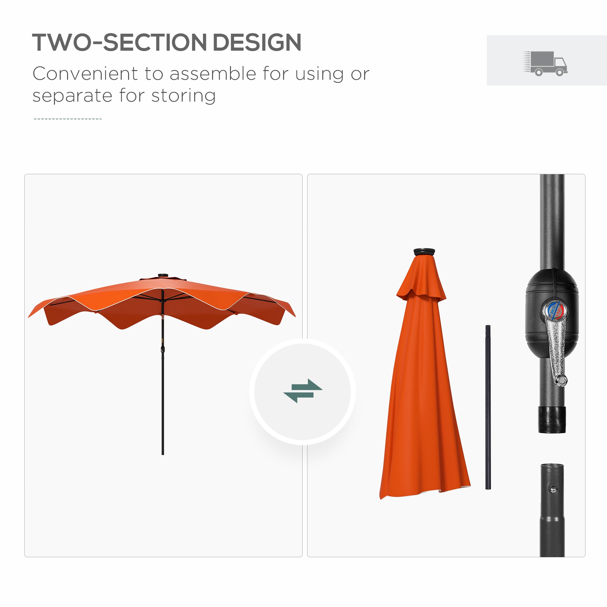 Outsunny Solar Patio Umbrella with LED and Tilt, Outdoor Market Table Umbrella Parasol with Crank, 3 x 3 (m), Orange