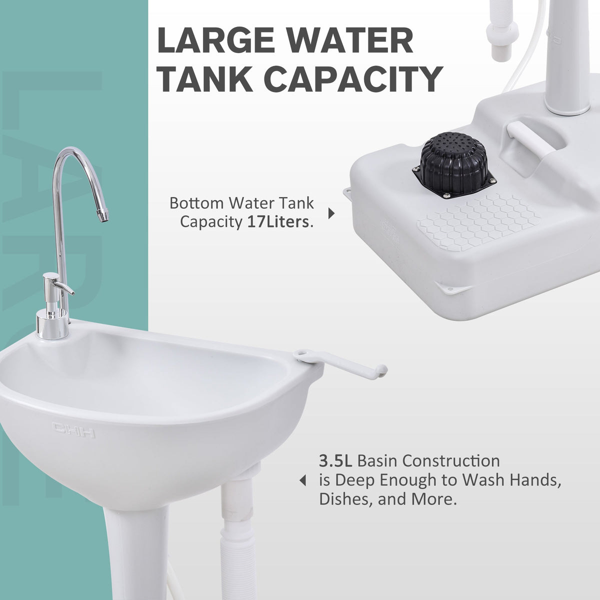 Outsunny 17L Camping Portable Handwash Sink w/ Towel Holder & Soap Dispenser Rolling Wheels Outdoor Drainage Equipment