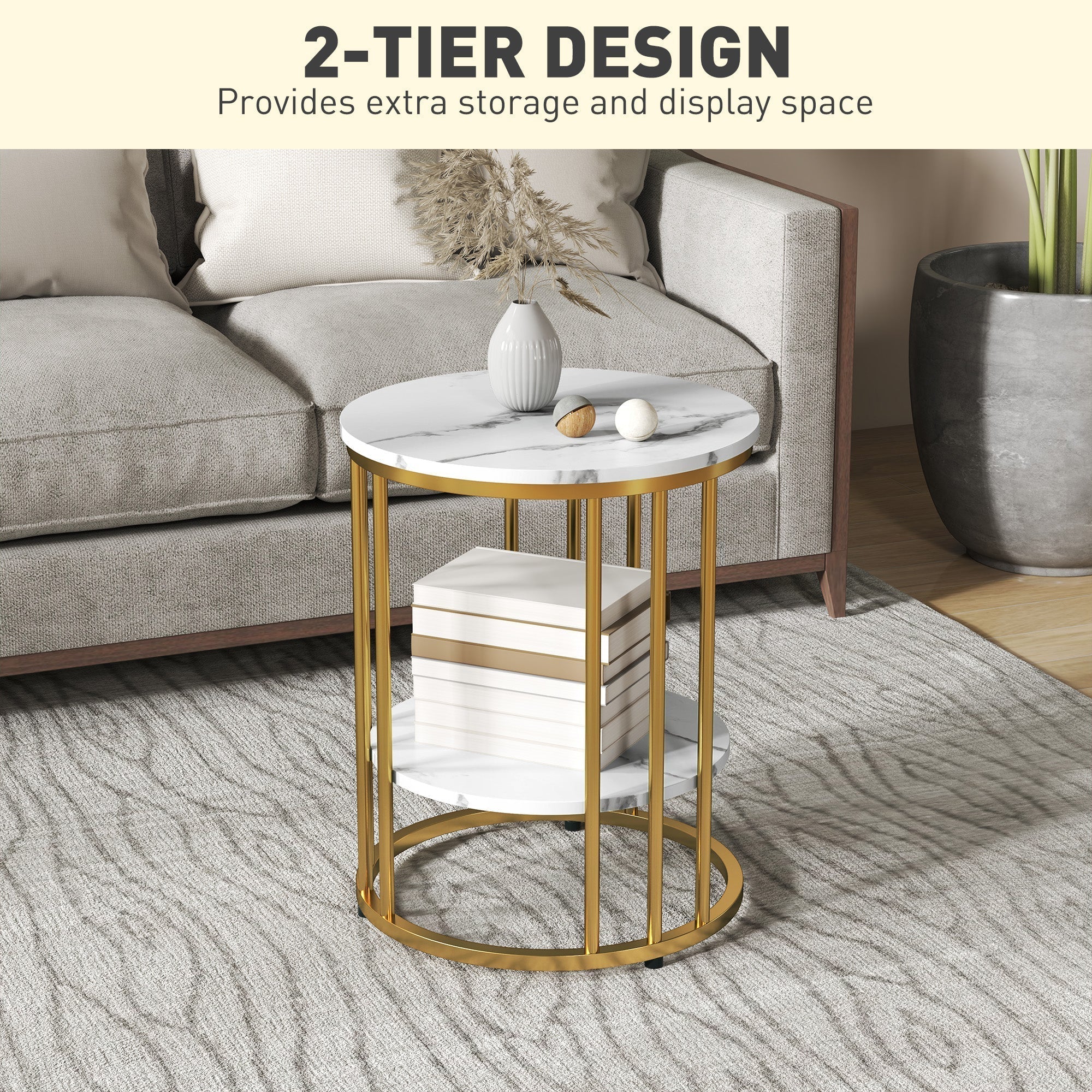 HOMCOM Set of Two Marble-Effect Coffee Tables - White/Gold-Tone