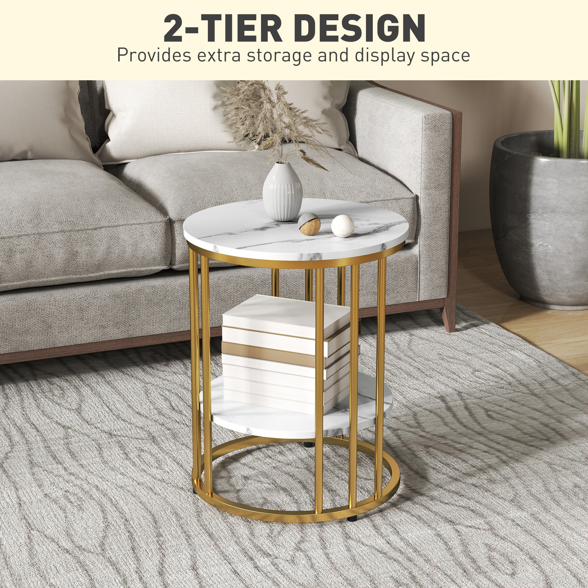 HOMCOM Set of Two Marble-Effect Coffee Tables - White/Gold-Tone
