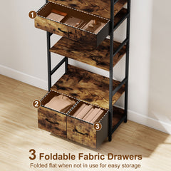 HOMCOM Industrial Style Bookcase, with 4 Shelves and 3 Fabric Drawers - Brown/Black