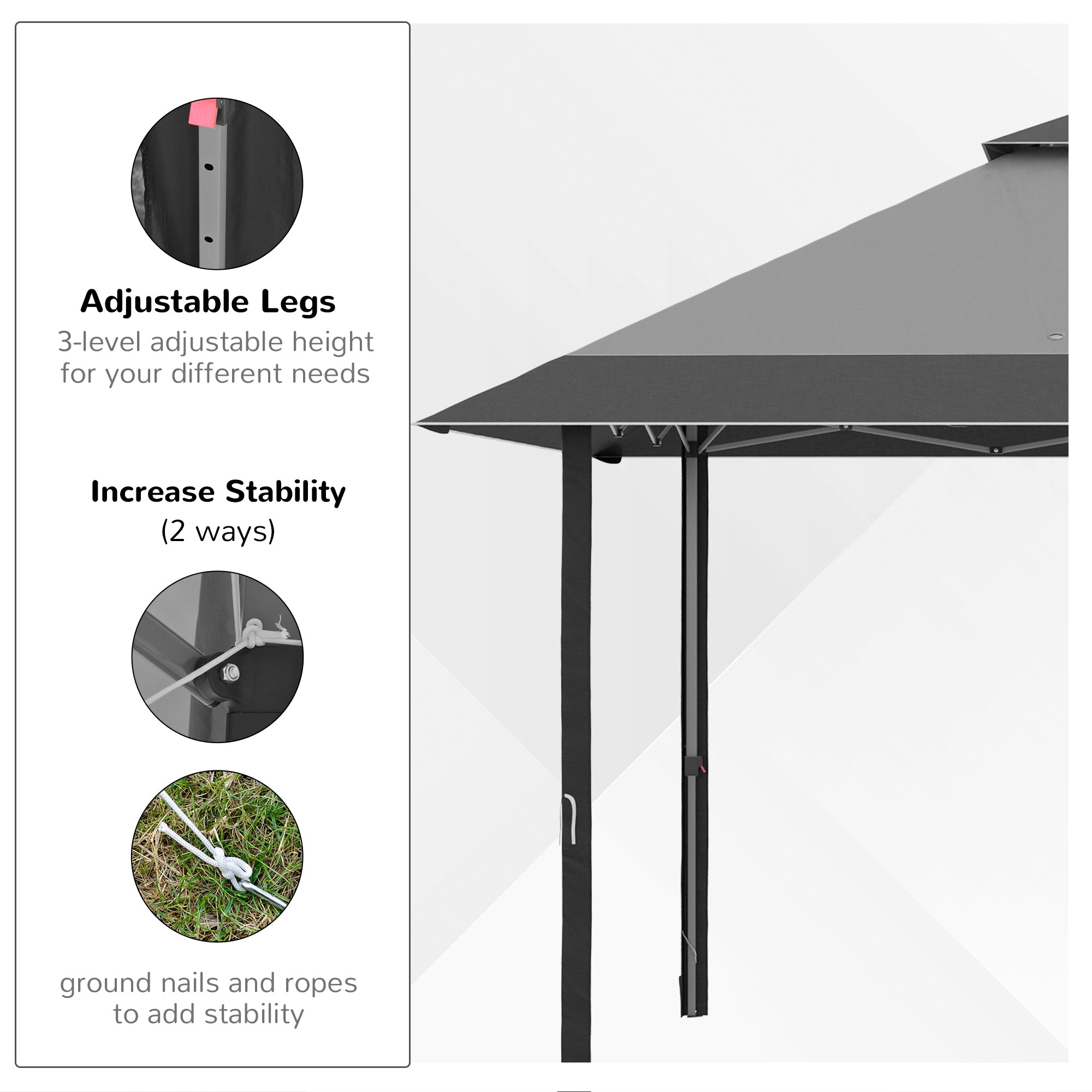 Outsunny 4 x 4m Pop-up Gazebo Double Roof Canopy Tent with UV Proof, Roller Bag & 3-Level Height Adjustable Outdoor Party, Steel Frame, Grey