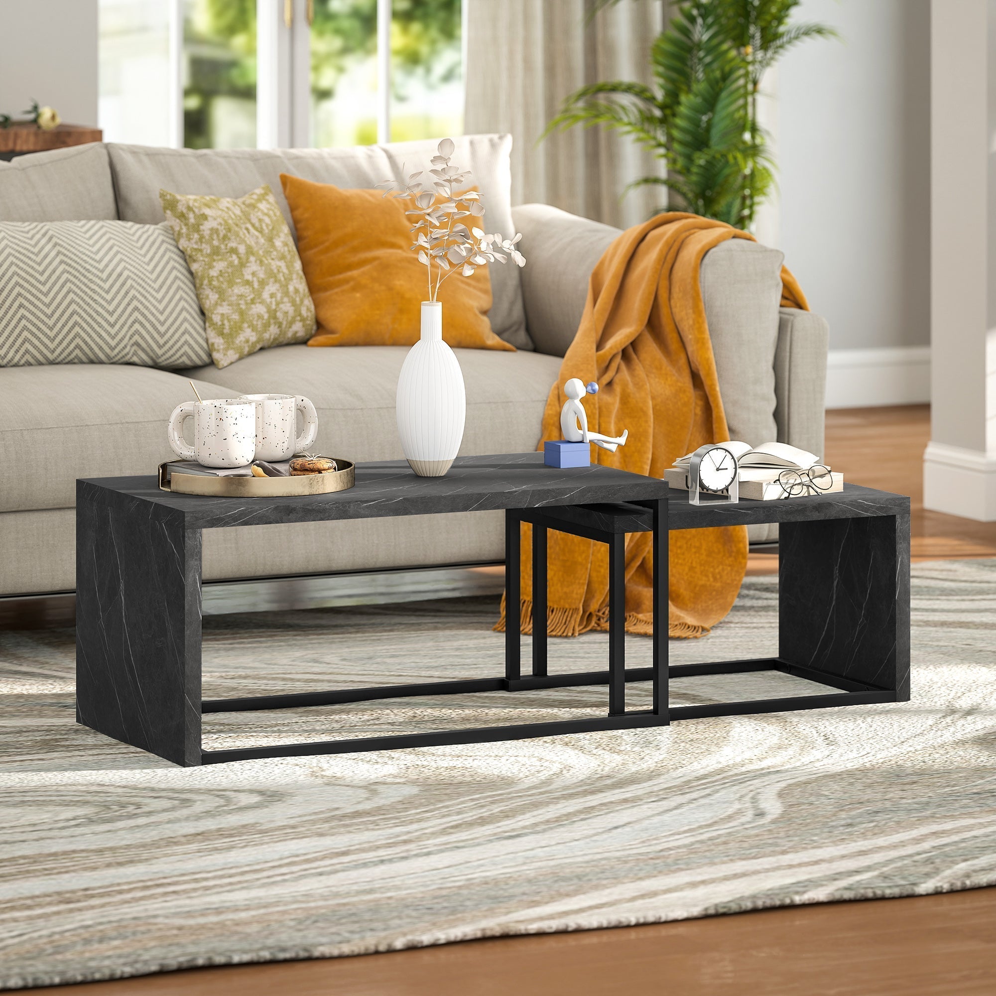 HOMCOM Coffee Tables Set of 2, Industrial Nest of Tables with Metal Frame for Living Room Bedroom, Dark Grey Marble Effect
