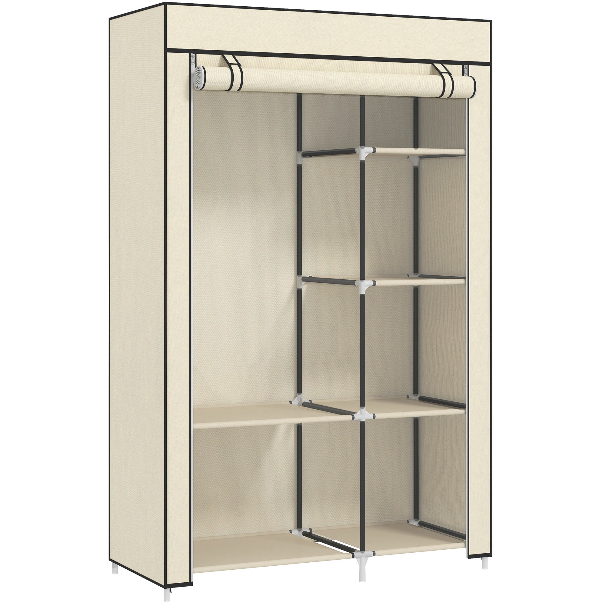 HOMCOM Fabric Wardrobe, Portable Wardrobe with 6 Shelves, 1 Hanging Rail, Foldable Closets, 103 x 43 x 162.5 cm, Cream White