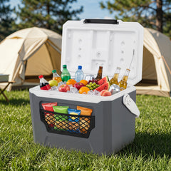 Ice Chest with Drain Plug and Mesh Pocket for Camping Fishing Picnic-Grey