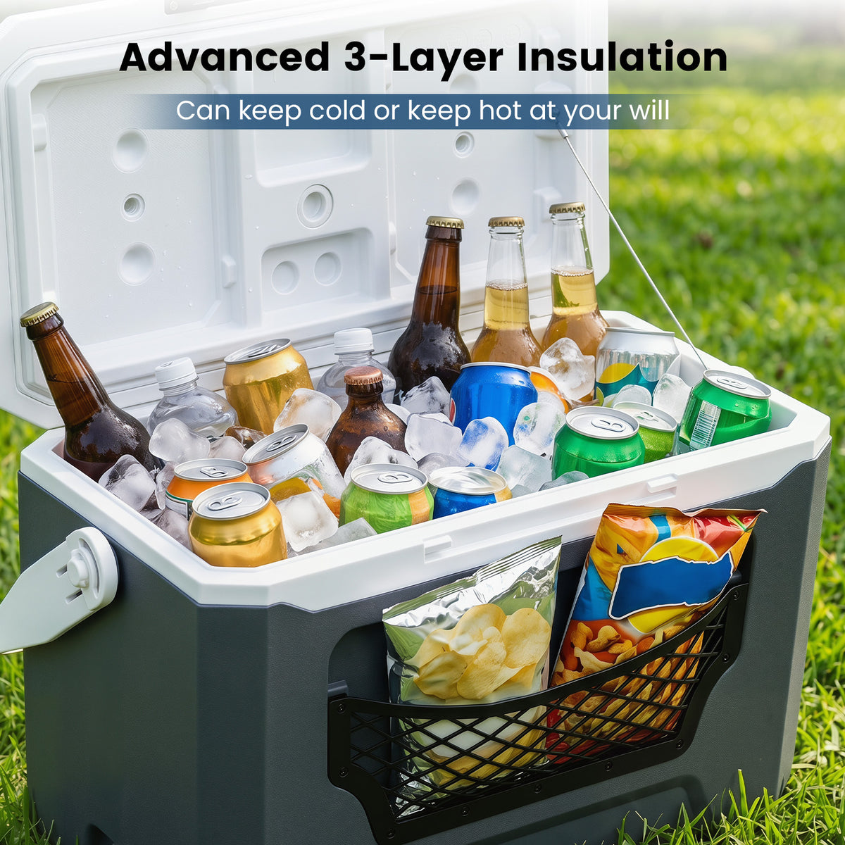 Ice Chest with Drain Plug and Mesh Pocket for Camping Fishing Picnic-Grey