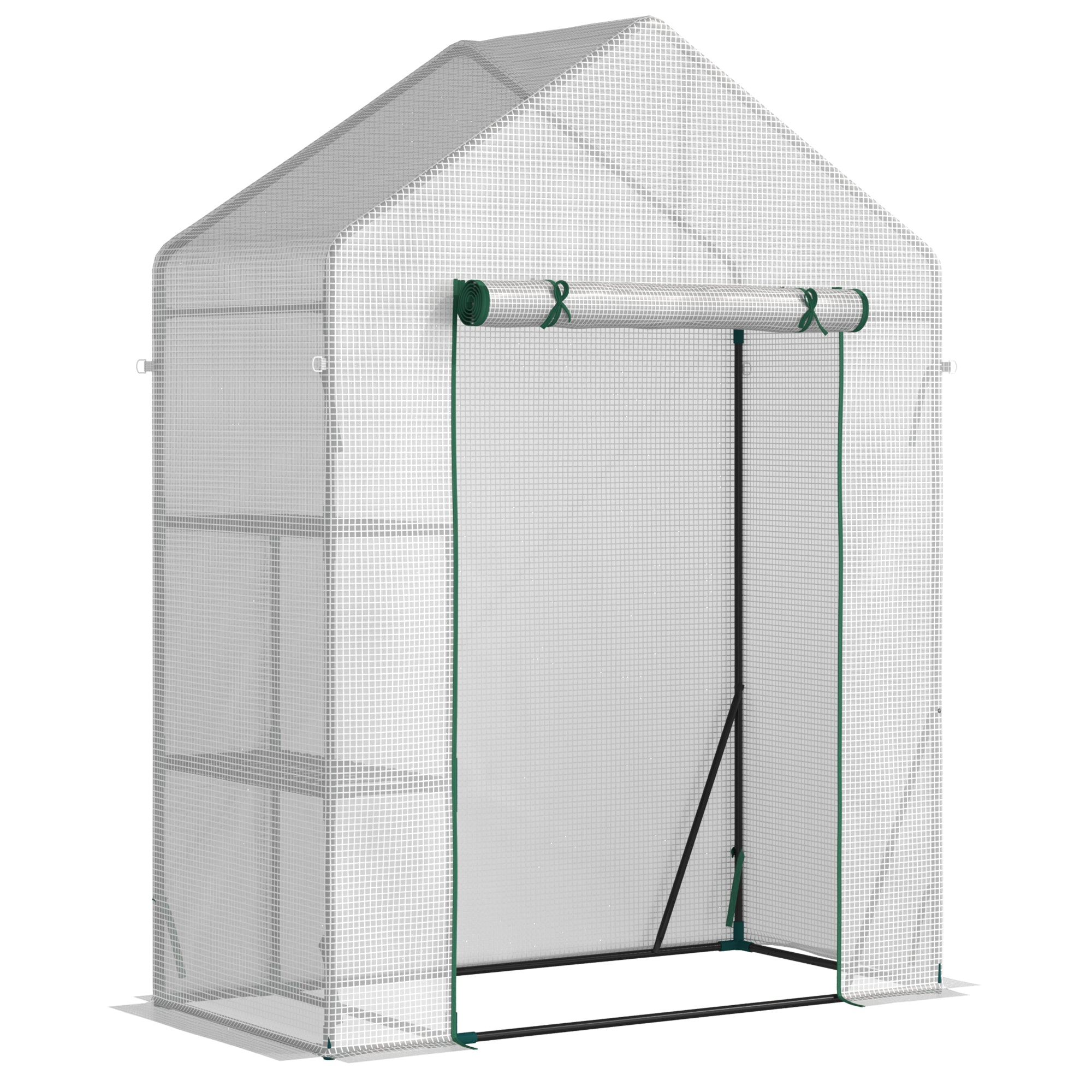 Outsunny Walk In Greenhouse with 2 Tier Shelf, Portable Gardening Plant Grow House Tomato Greenhouse with Roll up Zip Panel Door, Reinforced PE Cover, 143 x 73 x 195cm, Green