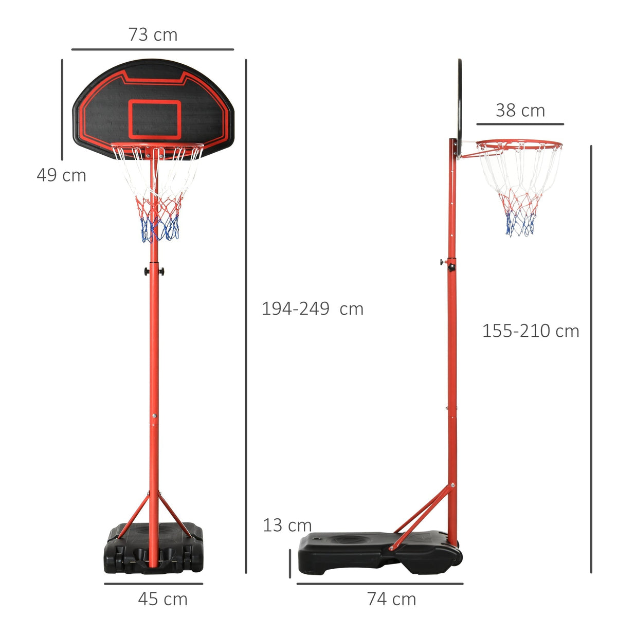 HOMCOM Basketball Hoop Outdoor, Portable Basketball Hoop and Stand with Weighted Base, Portable on Wheels, 1.55-2.1m, for Teens, Juniors, Adults, Black