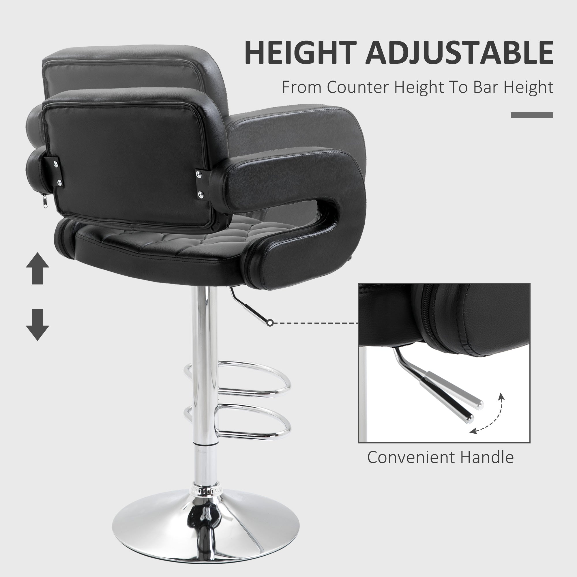 Set of 2 PU Leather Upholstered Swivel Bar Stool, Height Adjustable Barstool with Back, Armrest, Footrest for Kitchen
