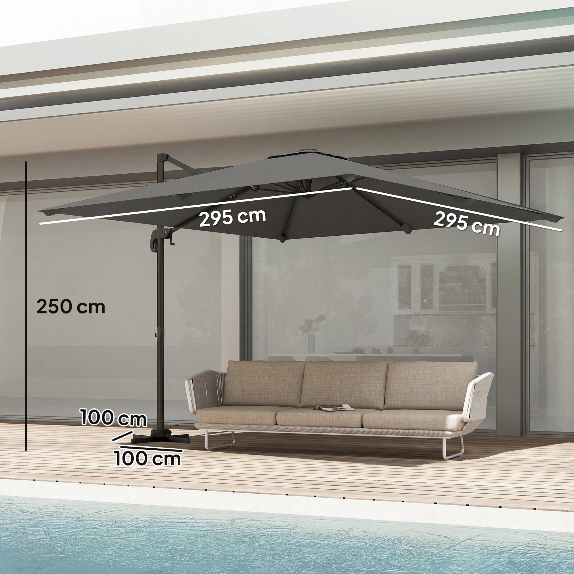 Outsunny 3 x 3 m Cantilever Parasol, Square Patio Umbrella with Crank Handle, Cross Base, Tilt, 360Â° Rotation, Dark Grey
