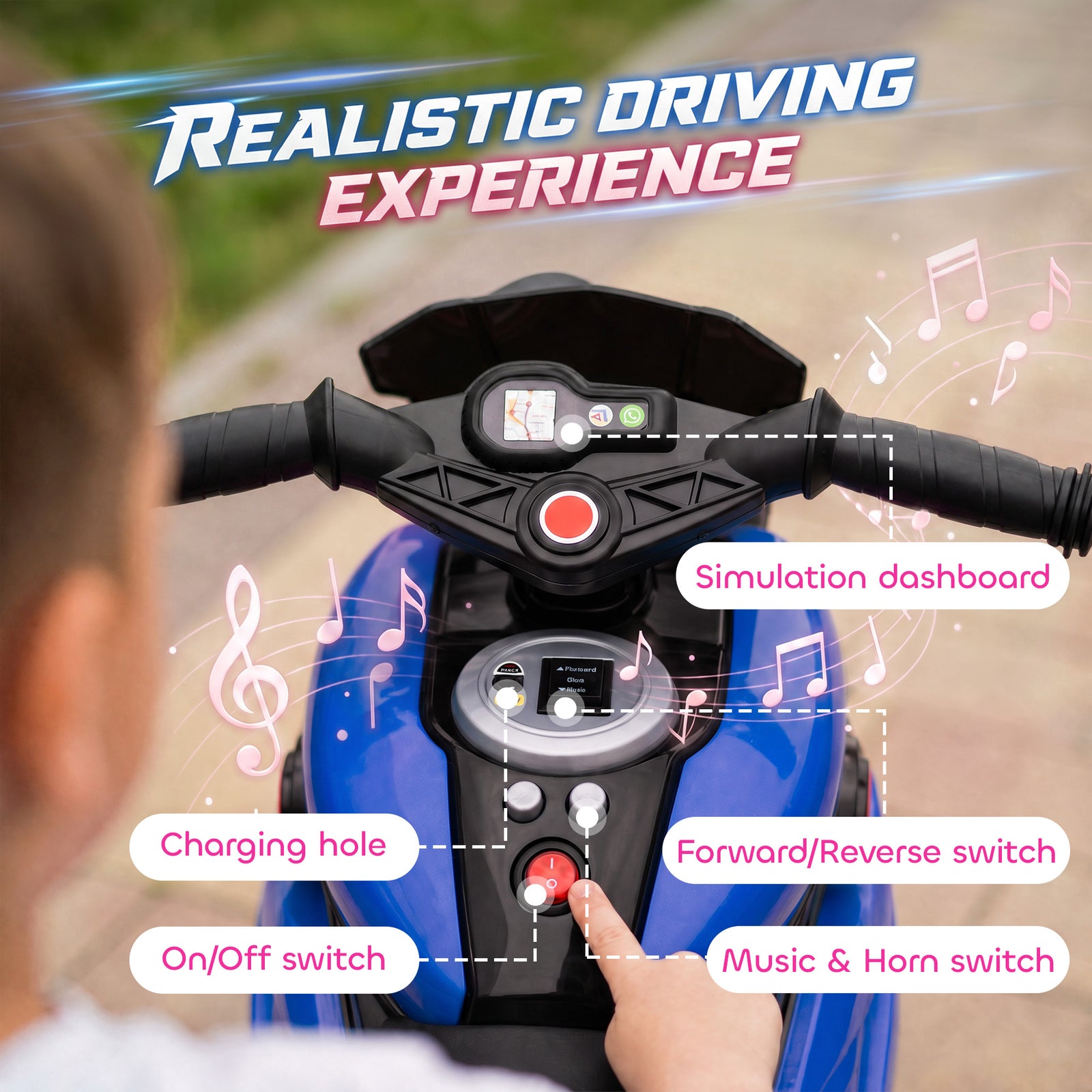 AIYAPLAY Kids Electric Motorcycle Ride-On Toy, 3-Wheel Battery-Operated Motorbike with Horn, Toddler Ride On Bike, Blue