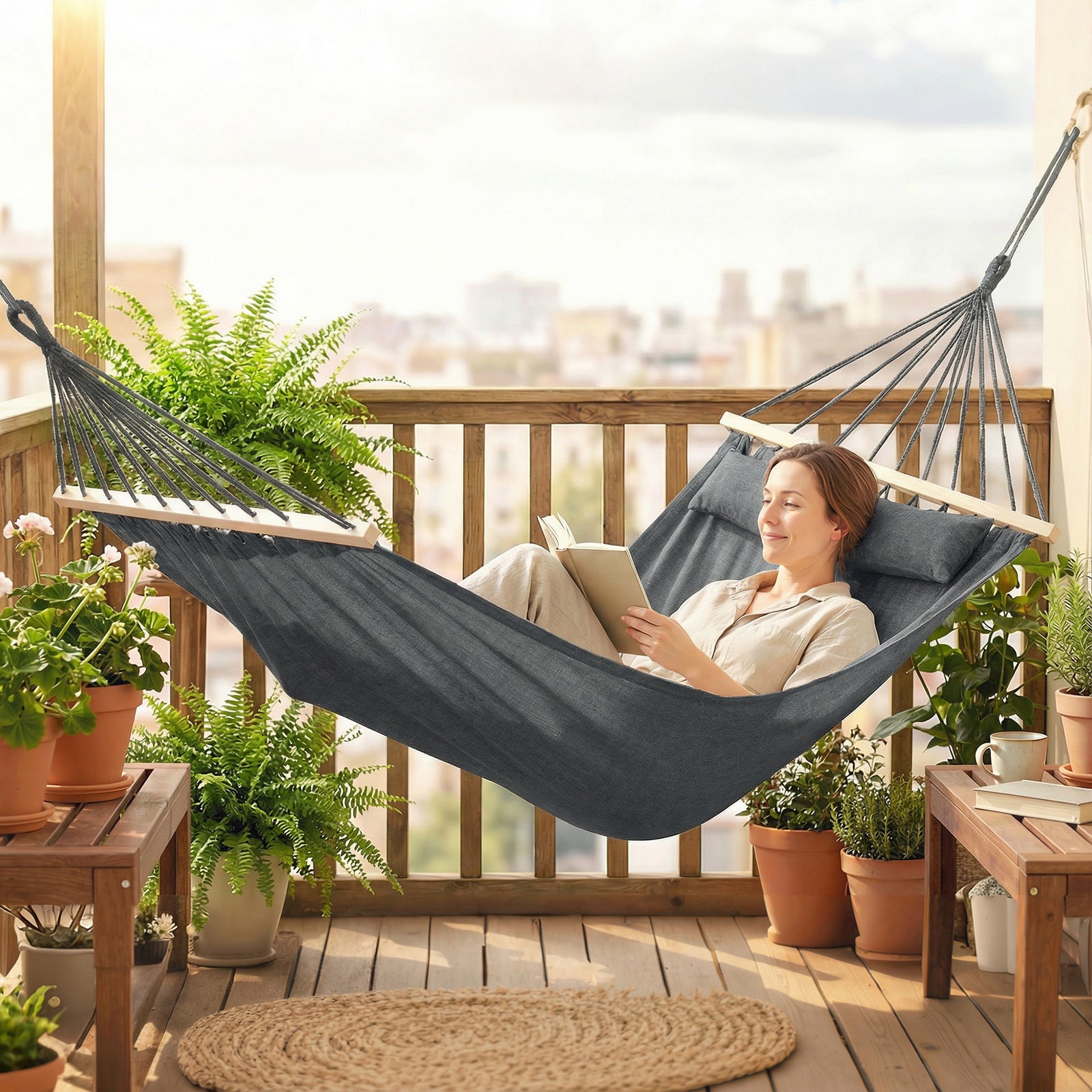 Outsunny Cotton Hammock, Soft Portable Swing Sleeping w/ Headrest & Side Pocket, Dark Grey