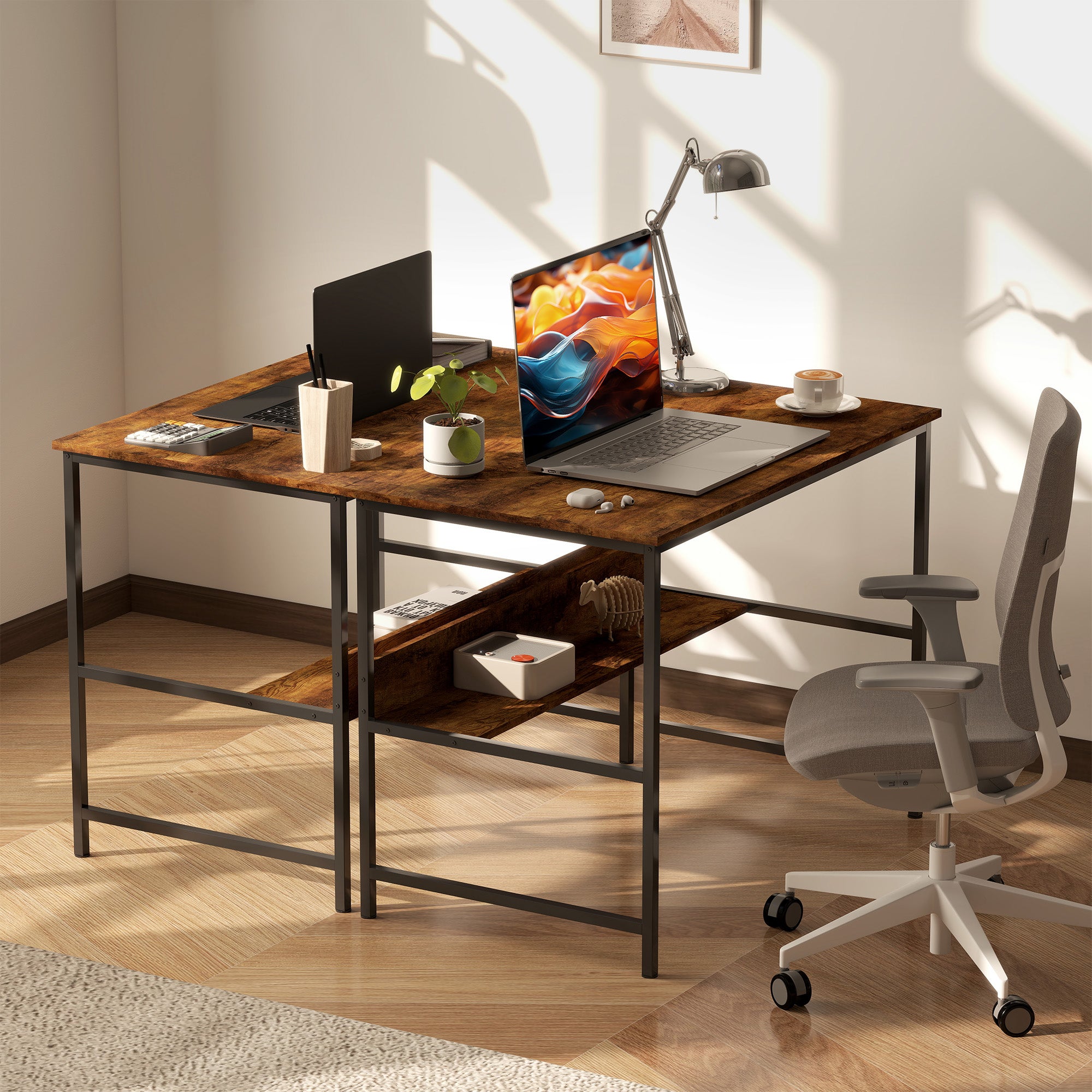 HOMCOM 2-Tier Computer Desk, 100 x 60 cm, Rustic Brown